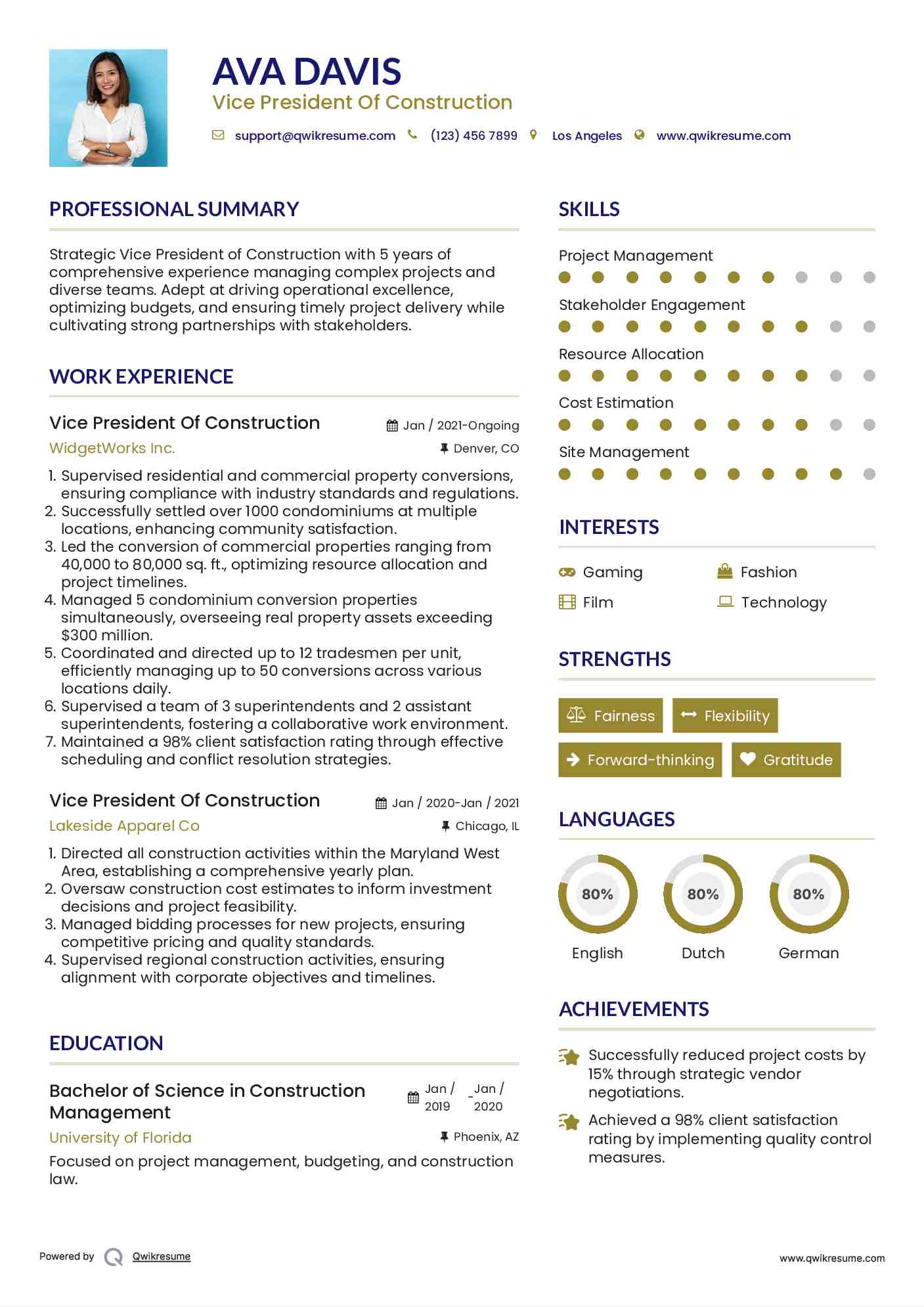 Vice President Of Construction Resume Format