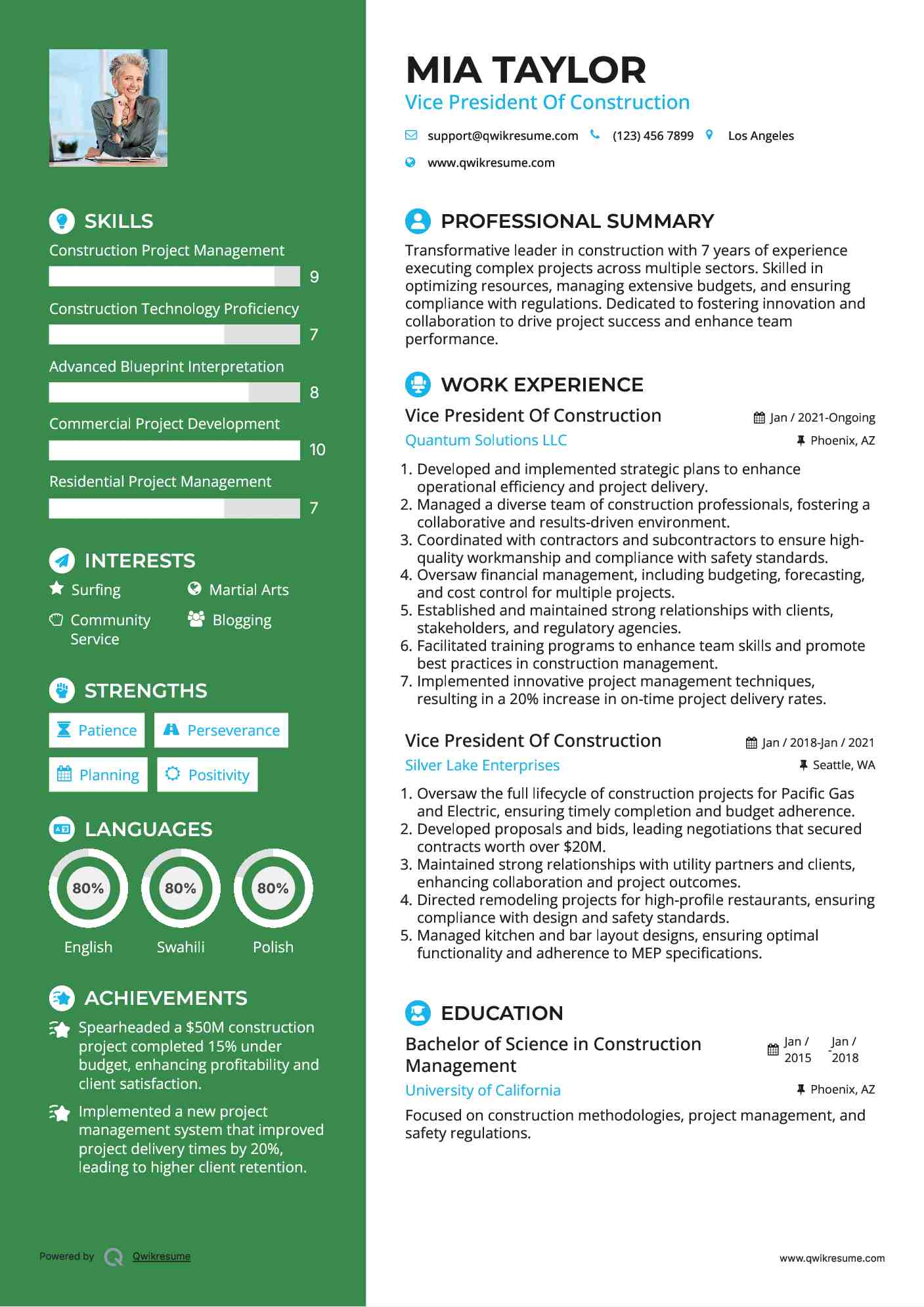 Vice President Of Construction Resume Model