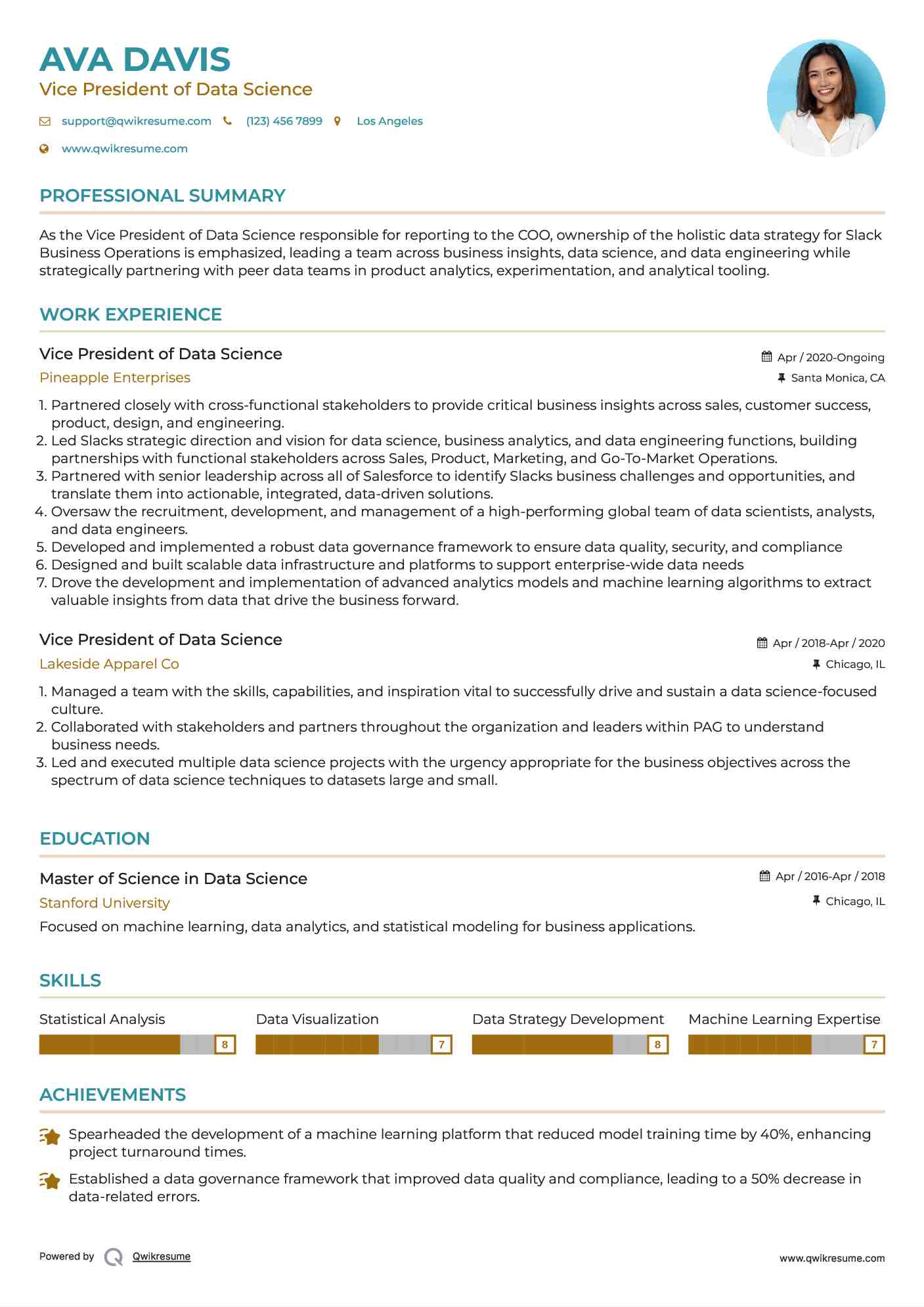 Vice President of Data Science Resume Example