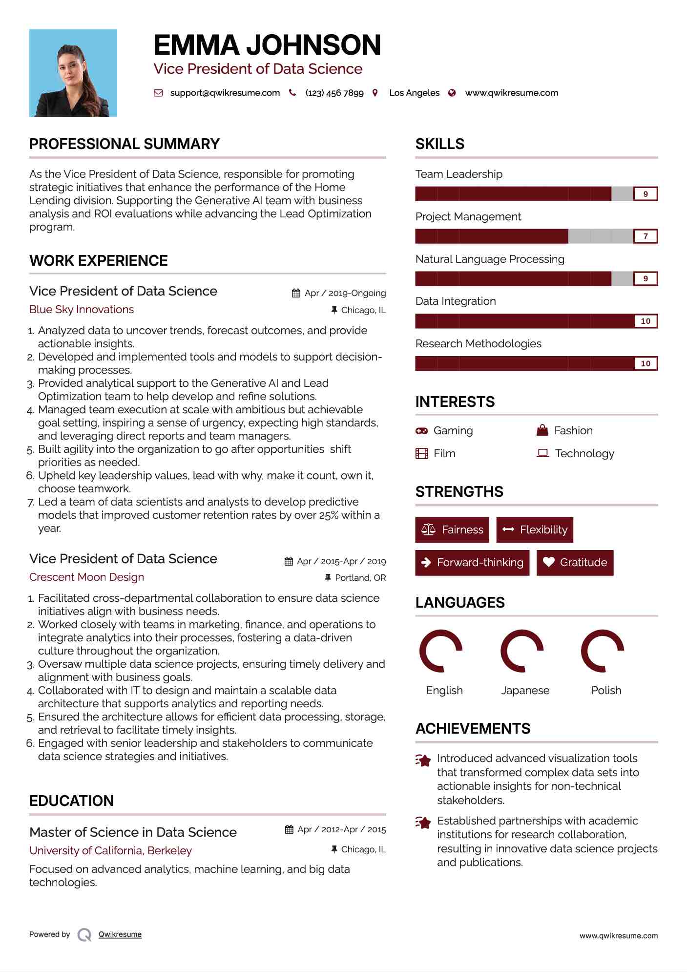Vice President of Data Science Resume Format