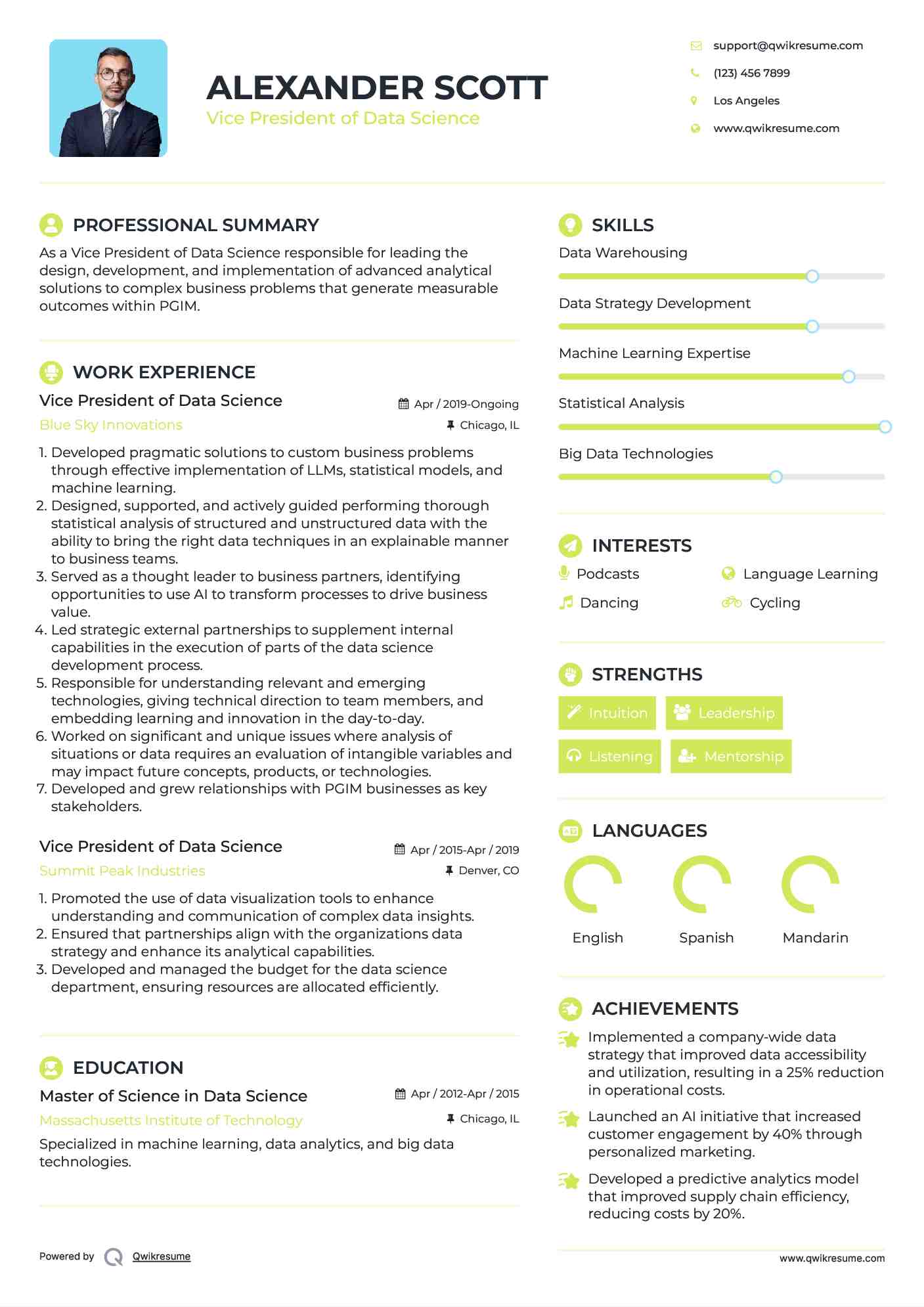 Vice President of Data Science Resume Format