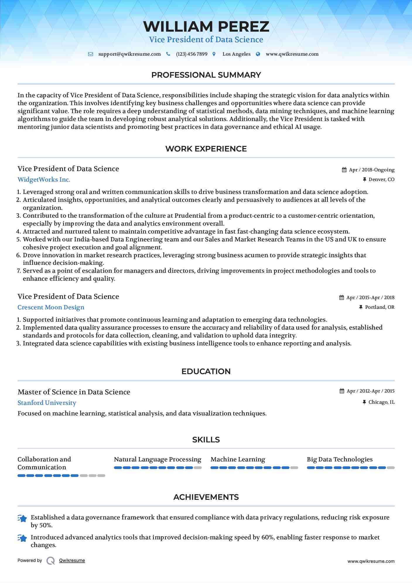 Vice President of Data Science Resume Template