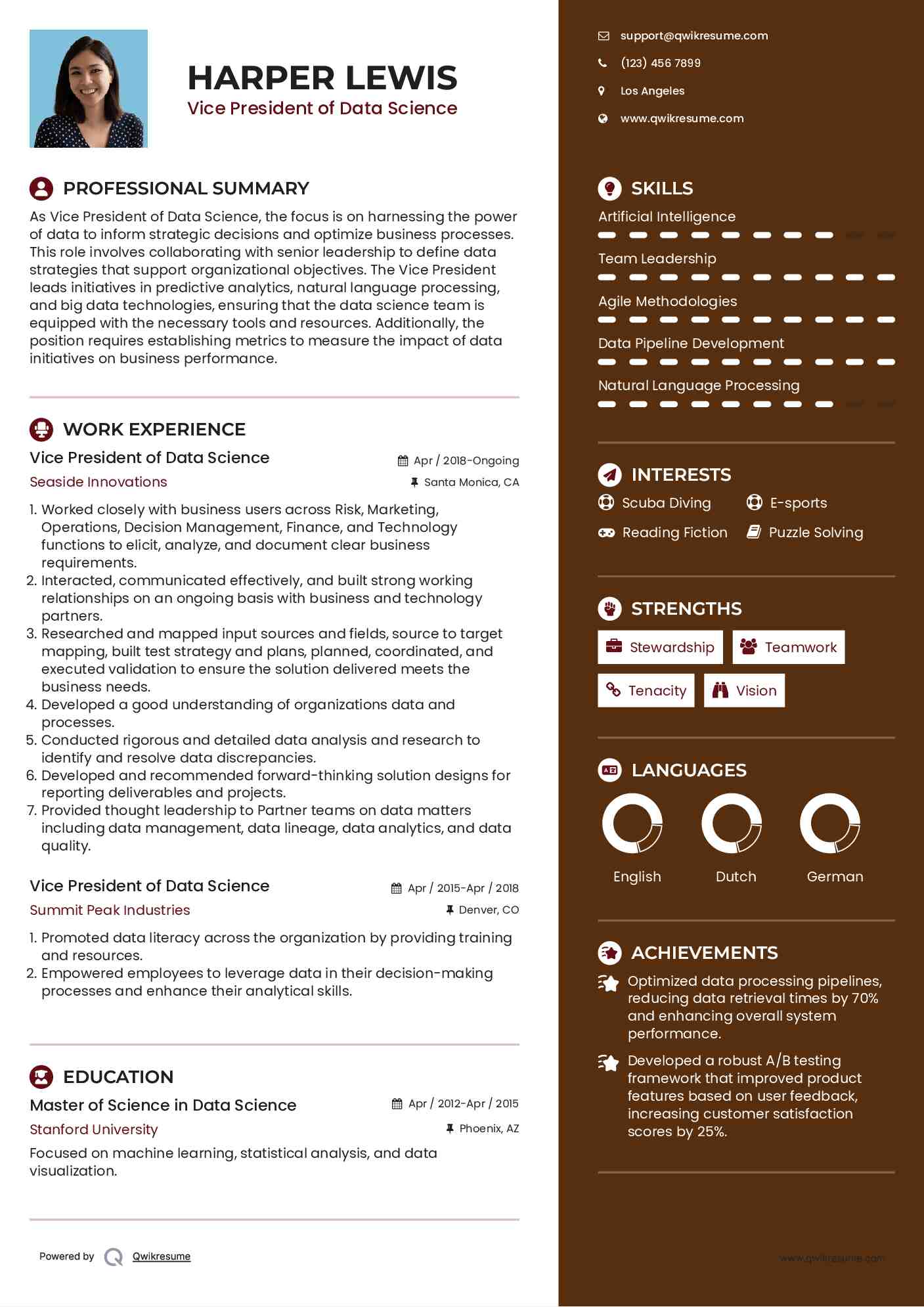 Vice President of Data Science Resume Format