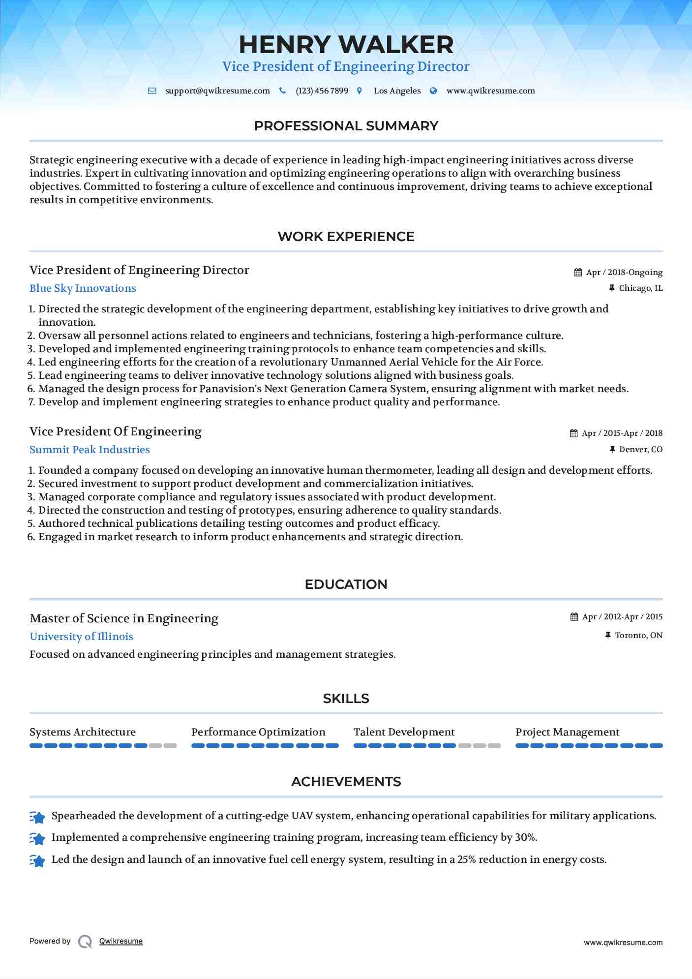 Vice President of Engineering Director Resume Sample
