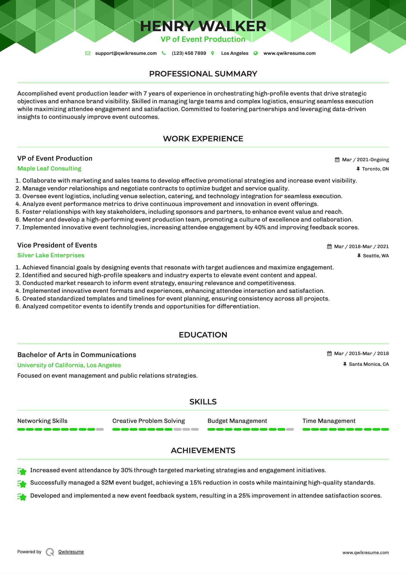 VP of Event Production Resume Model
