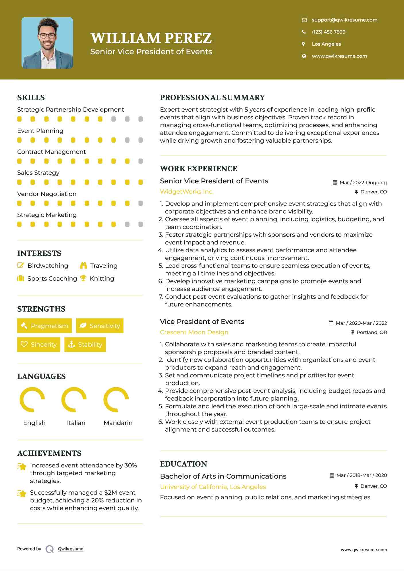 Senior Vice President of Events Resume Example