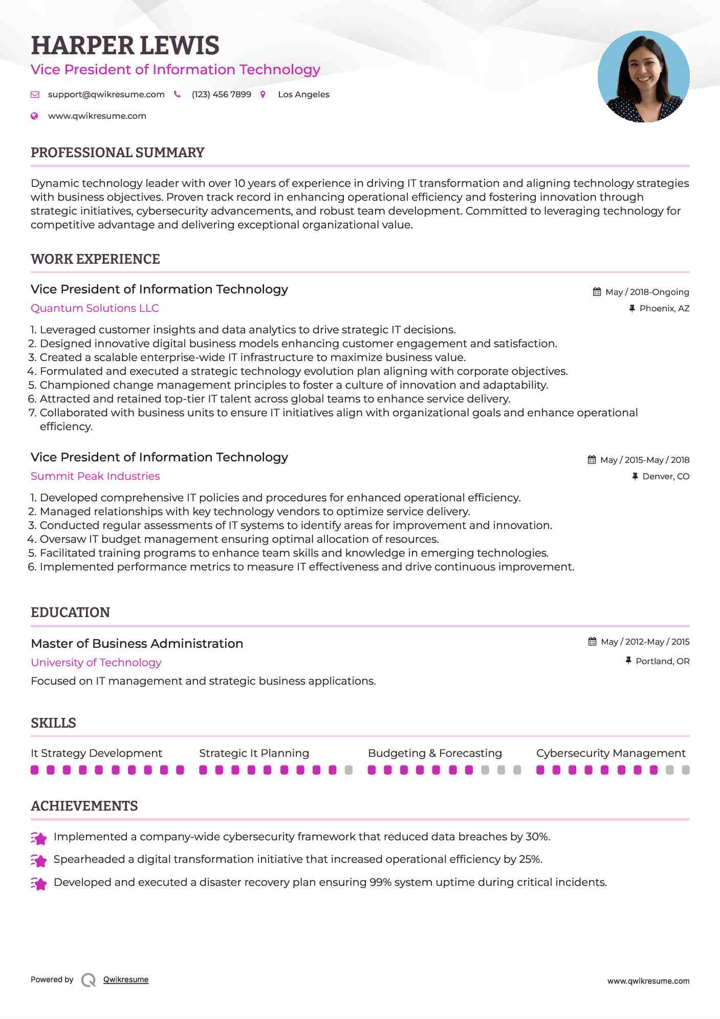 Vice President of Information Technology Resume Format