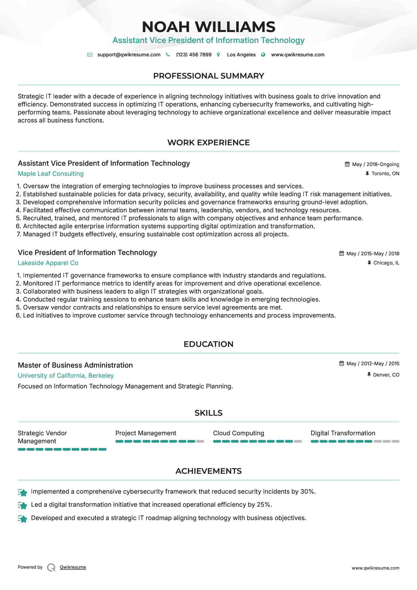 Assistant Vice President of Information Technology Resume Template