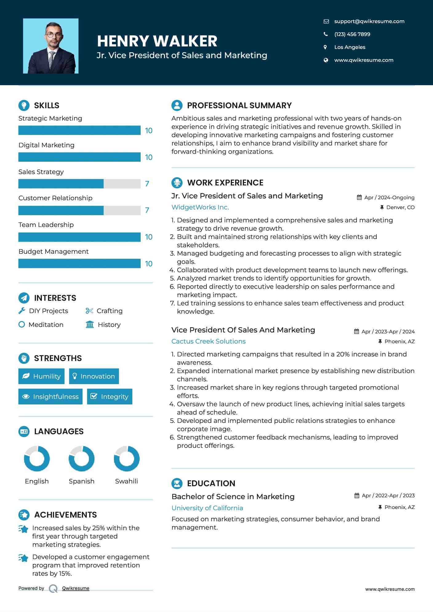 Jr. Vice President of Sales and Marketing Resume Sample