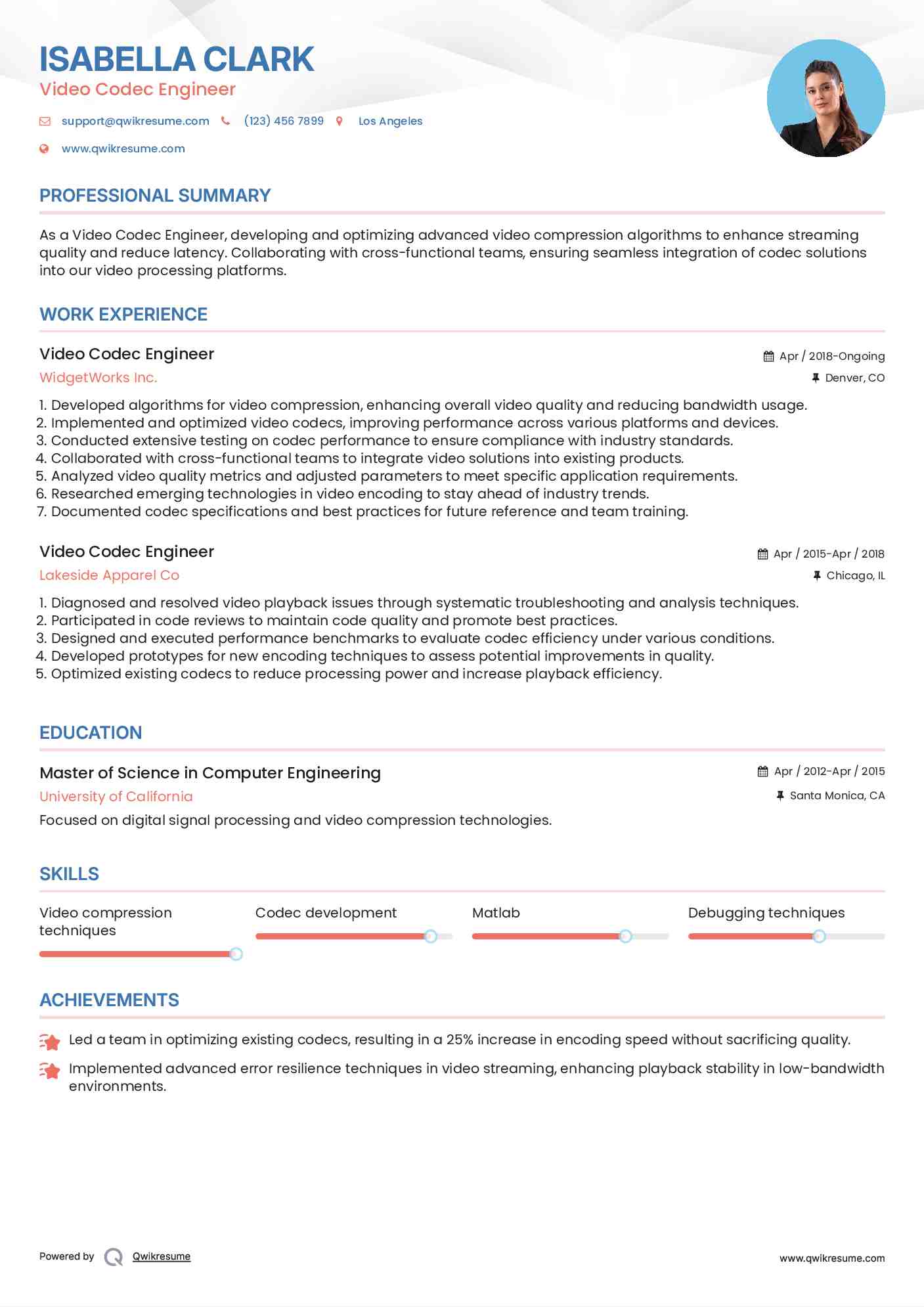 Video Codec Engineer Resume Sample