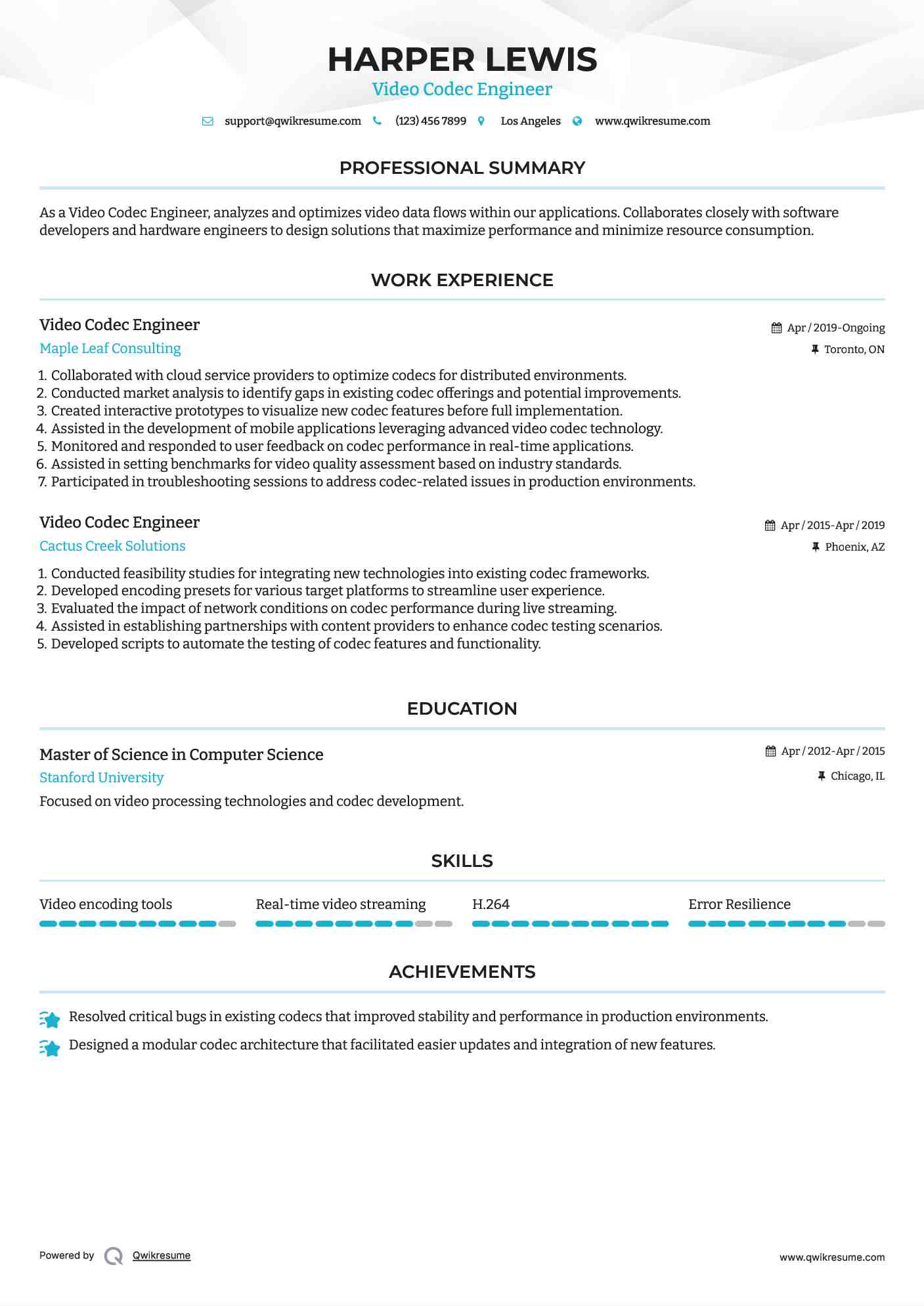 Video Codec Engineer Resume Example
