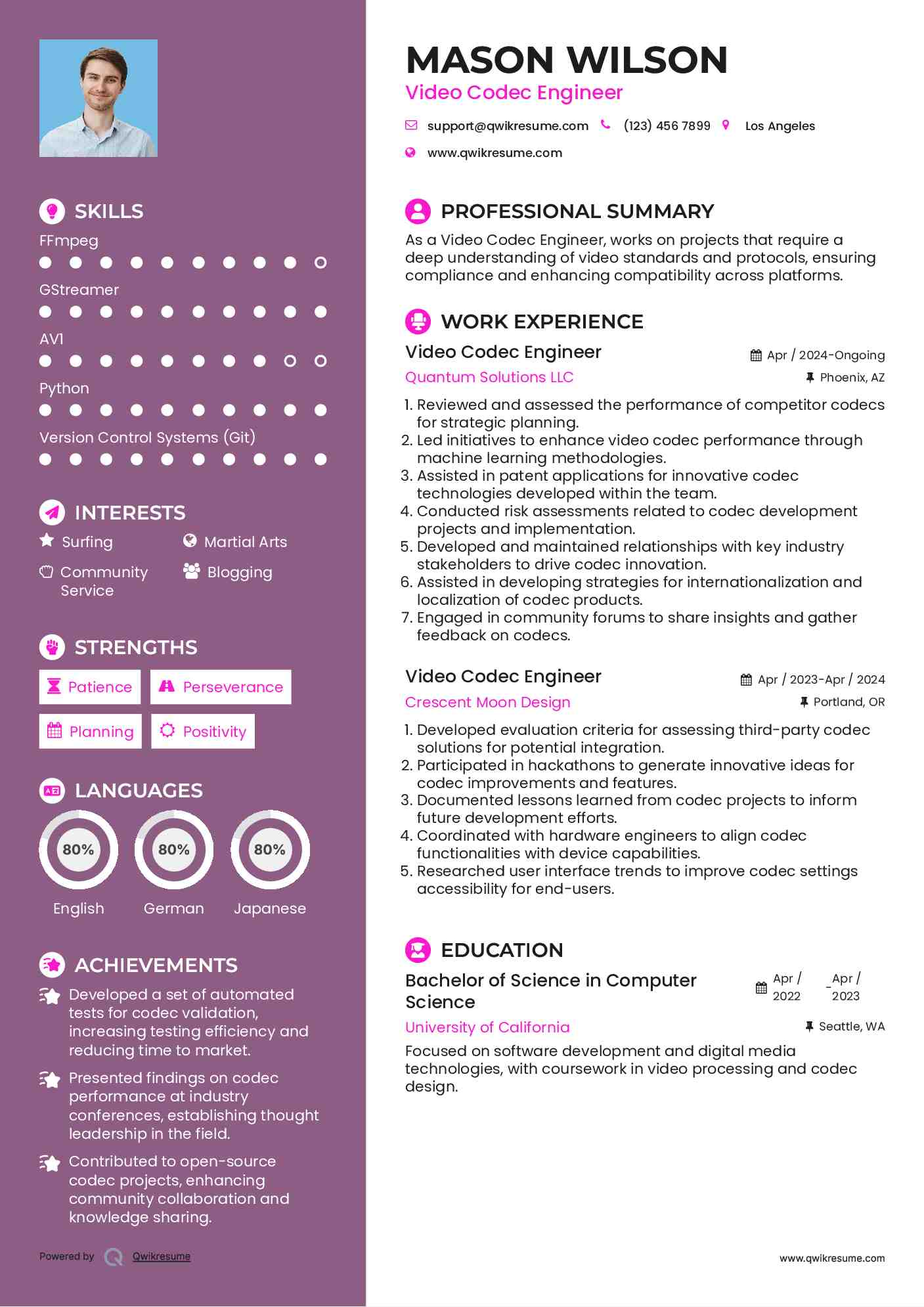 Video Codec Engineer Resume Sample