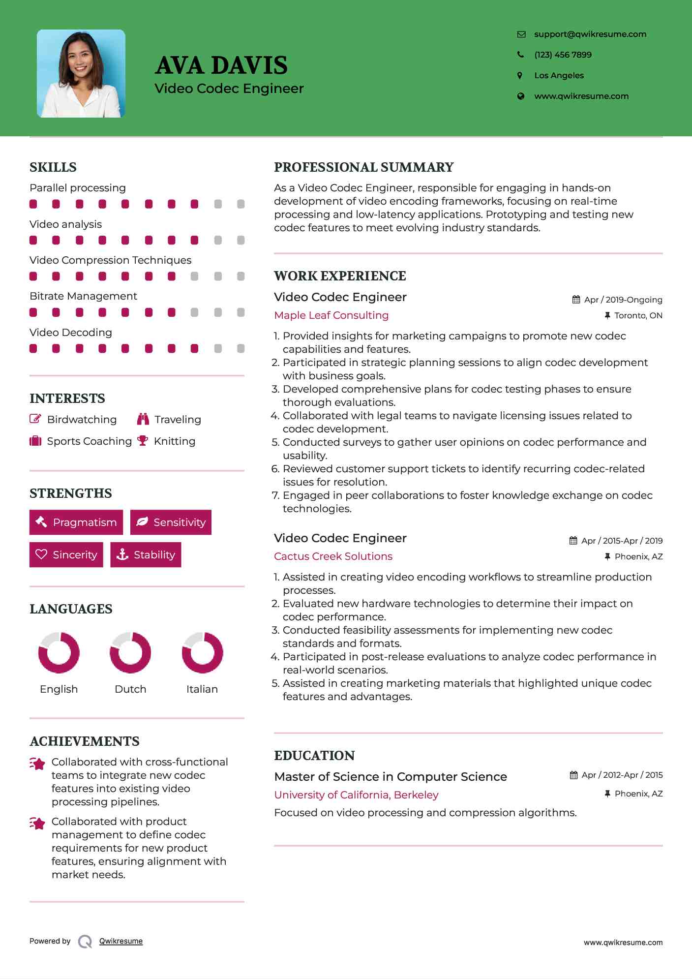 Video Codec Engineer Resume Example