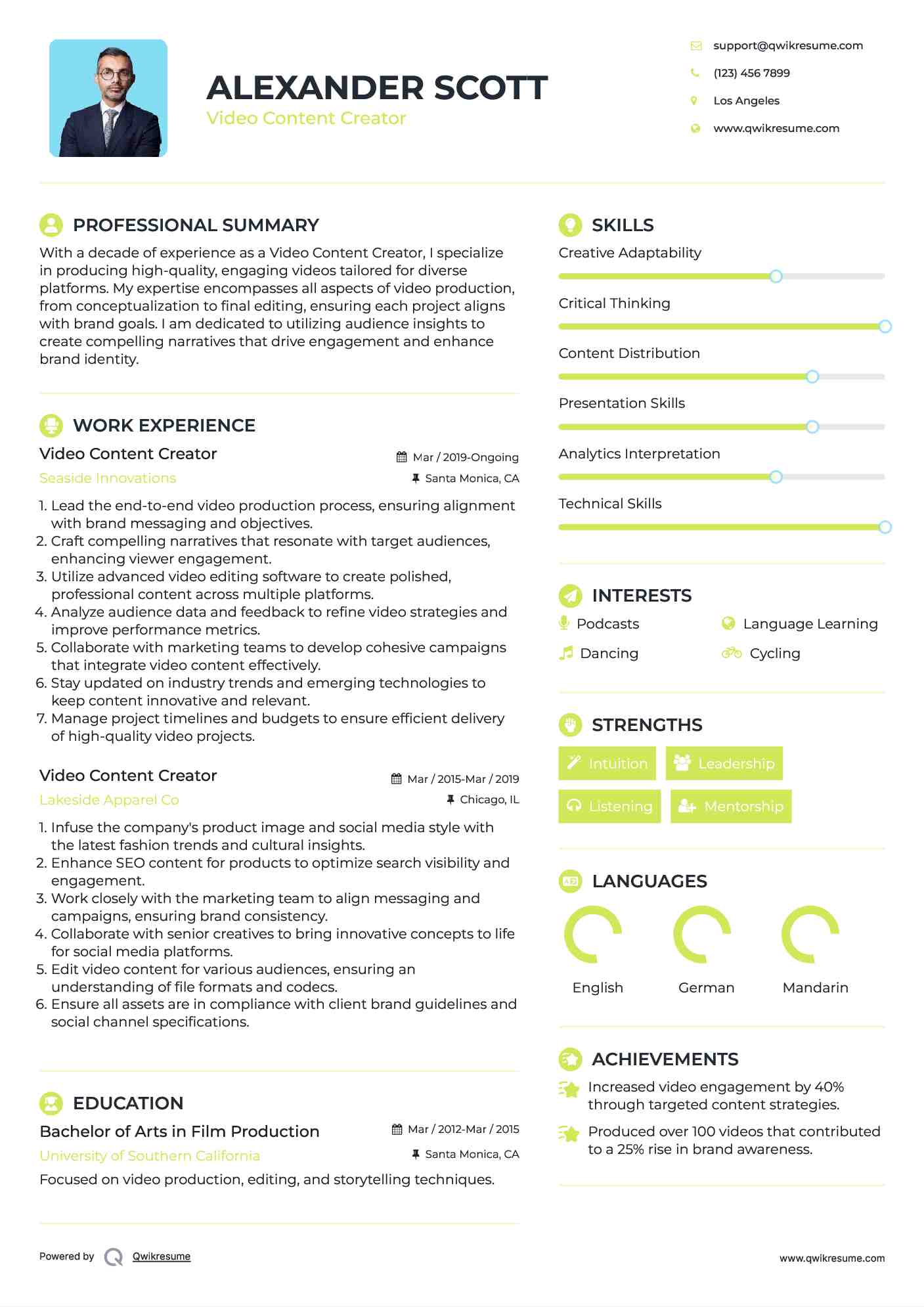 Video Content Creator Resume Sample