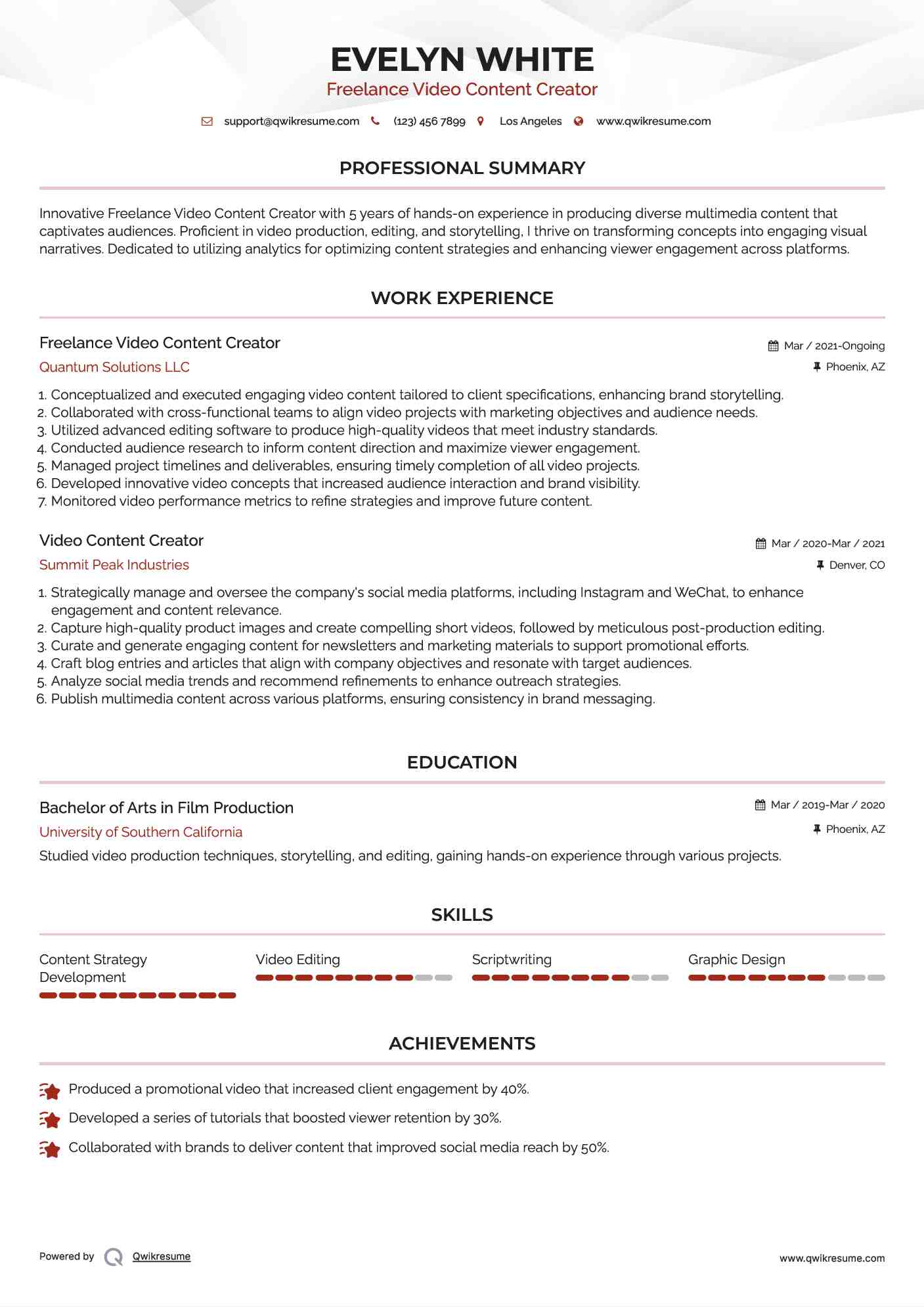 Freelance Video Content Creator Resume Template