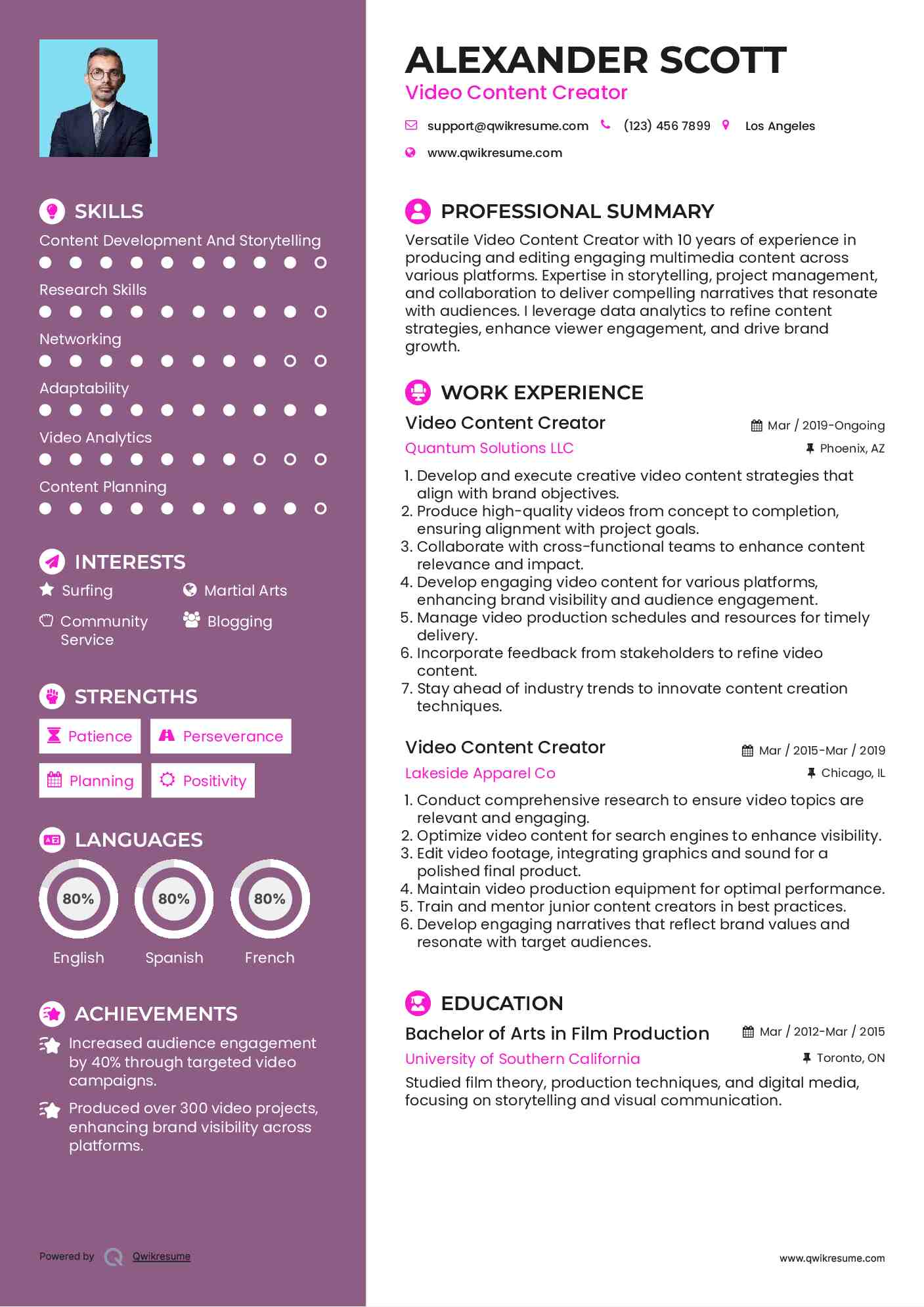 Video Content Creator Resume Template