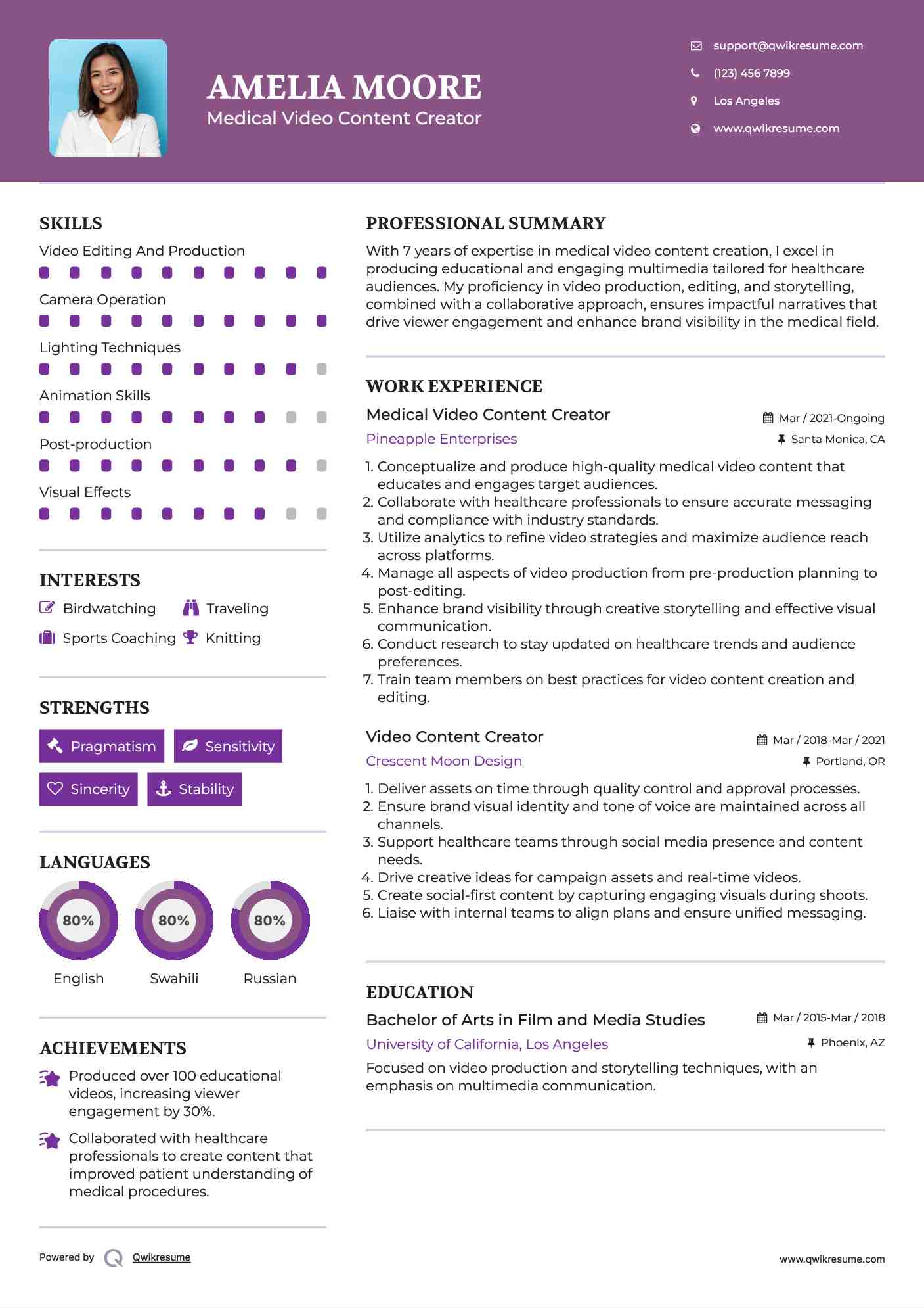 Medical Video Content Creator Resume Sample