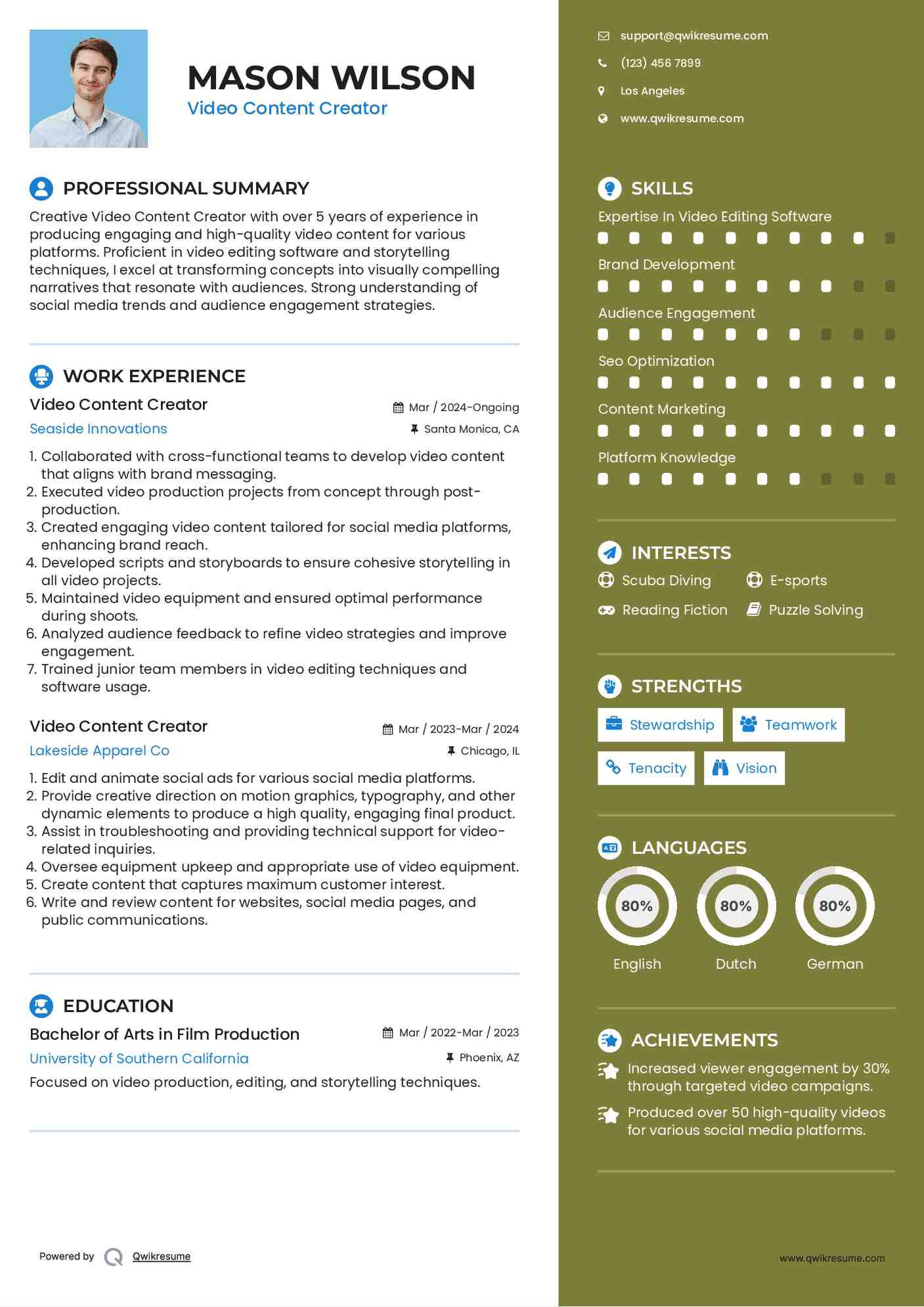 Video Content Creator Resume Sample