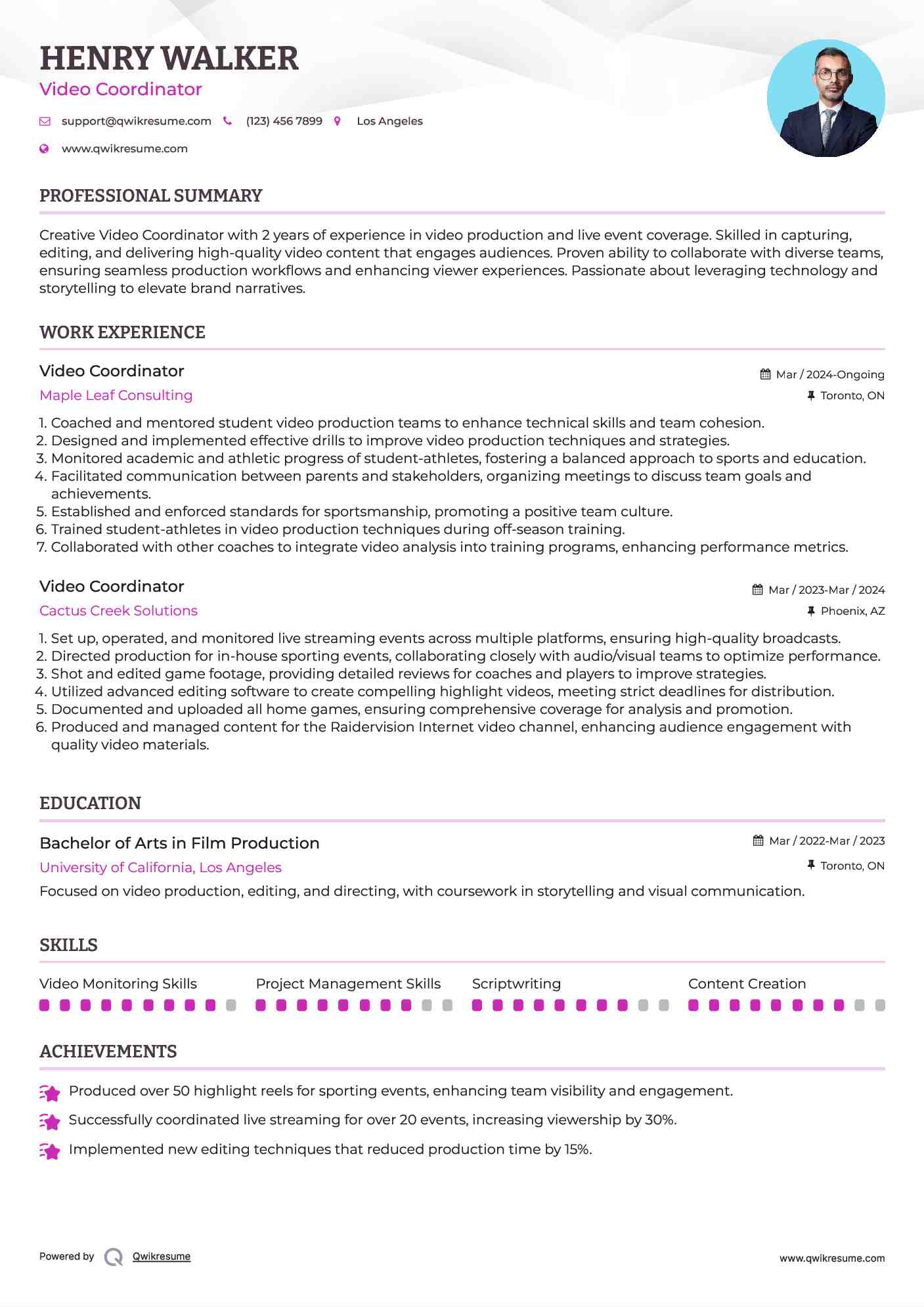 Video Coordinator Resume Example
