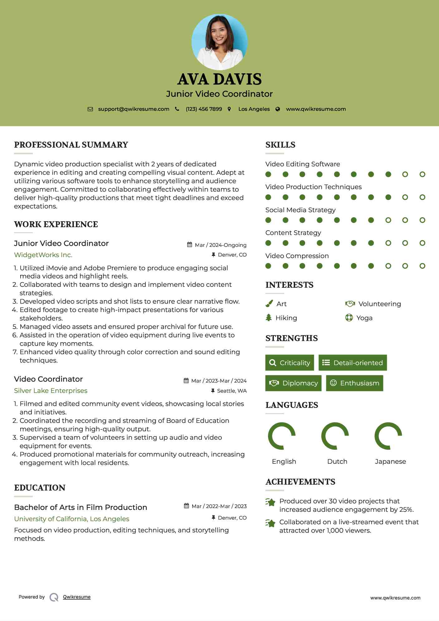 Junior Video Coordinator Resume Template