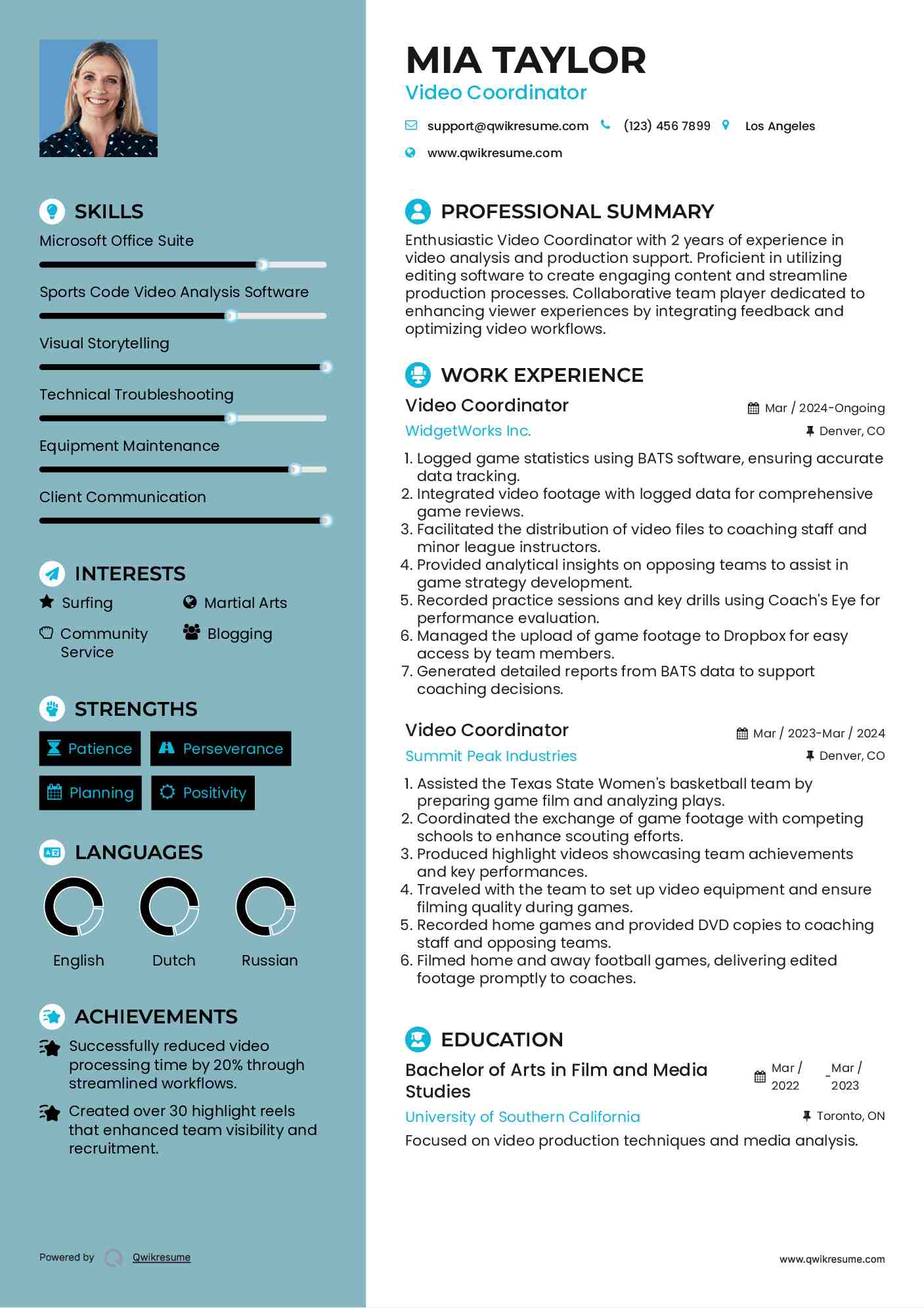 Video Coordinator Resume Model