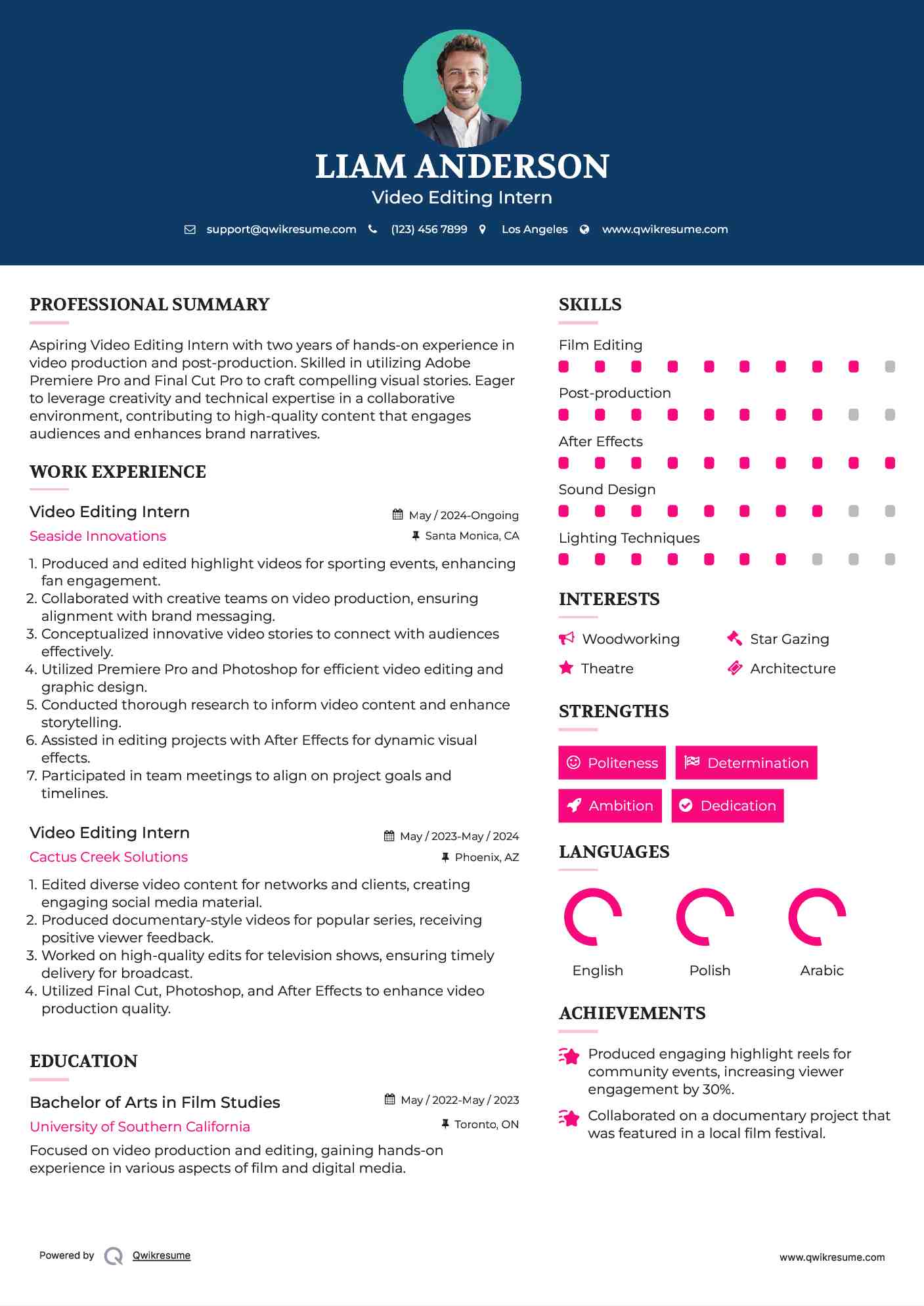 Video Editing Intern Resume Sample