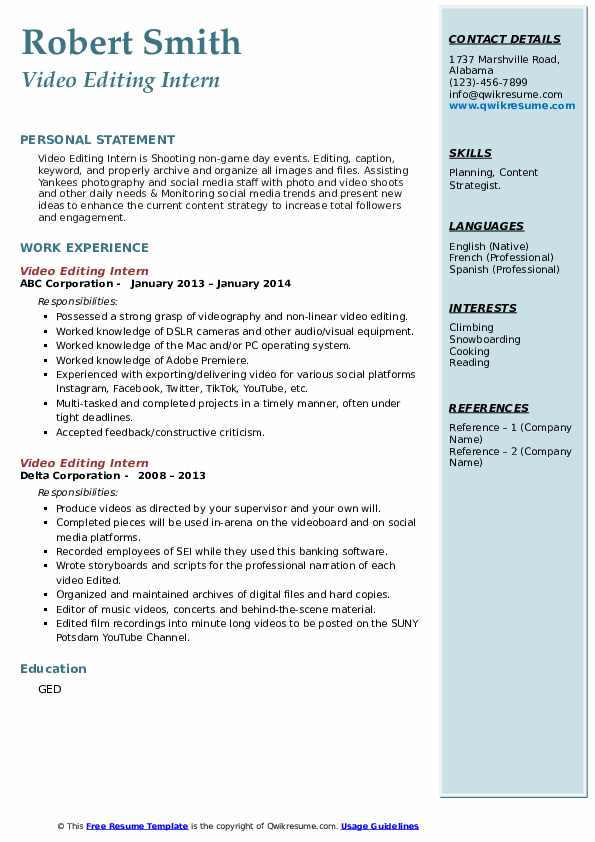 Video Editing Intern Resume Samples QwikResume
