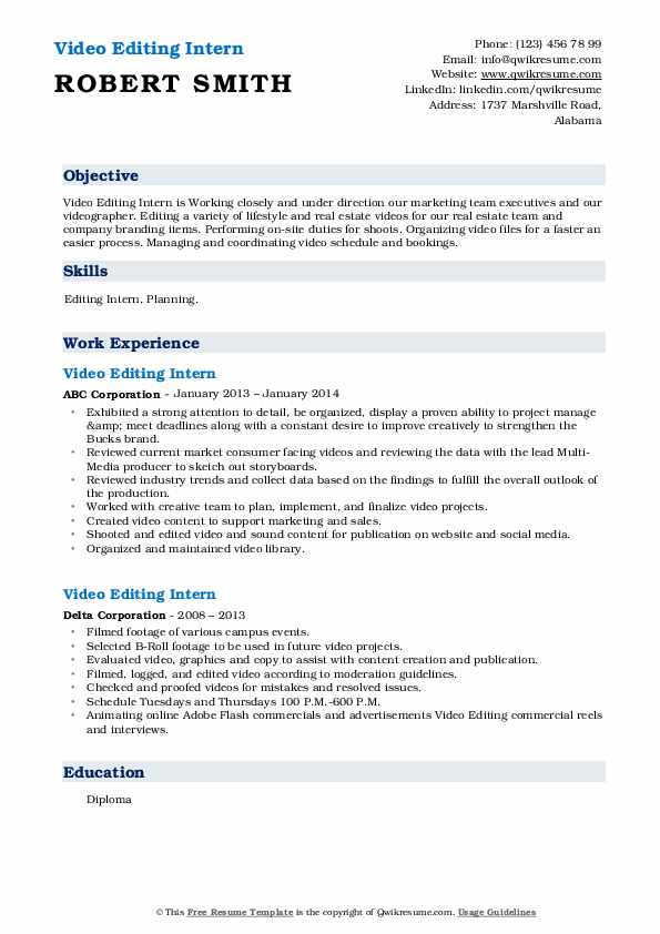 Video Editing Intern Resume Samples QwikResume