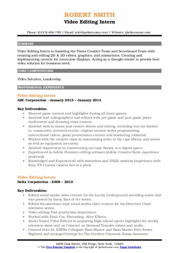 Video Editing Intern Resume Samples QwikResume