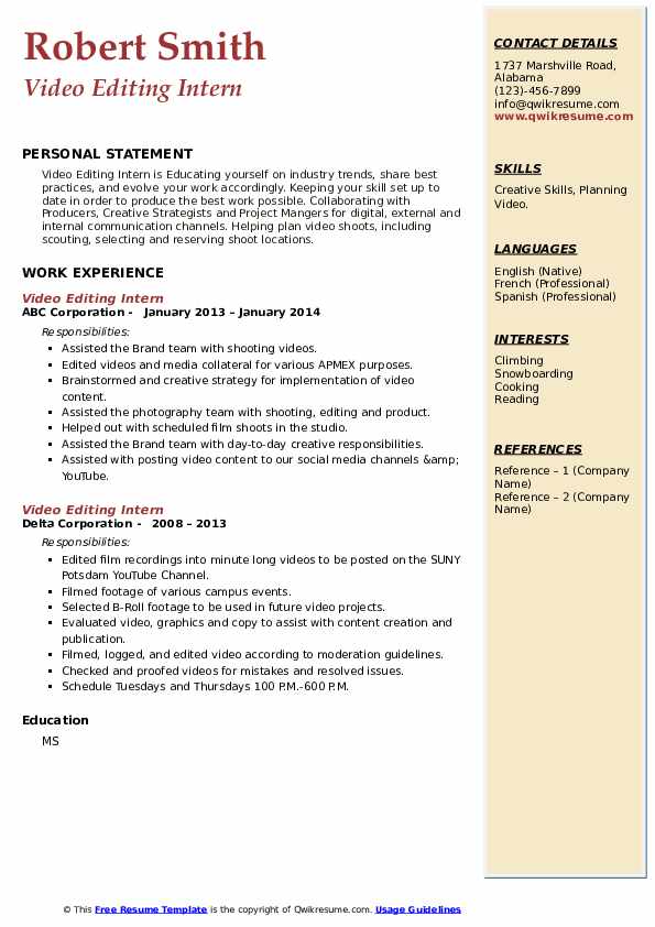 Video Editing Intern Resume Samples QwikResume