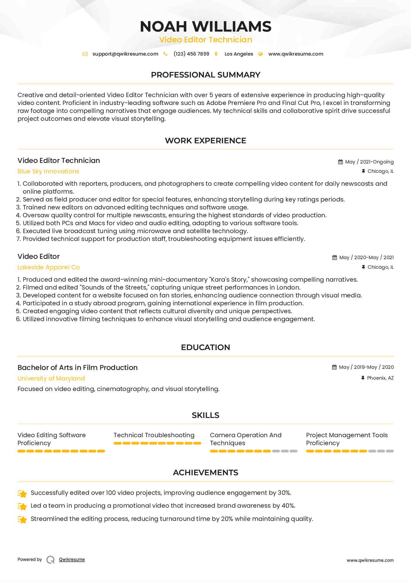 Video Editor Technician Resume Format