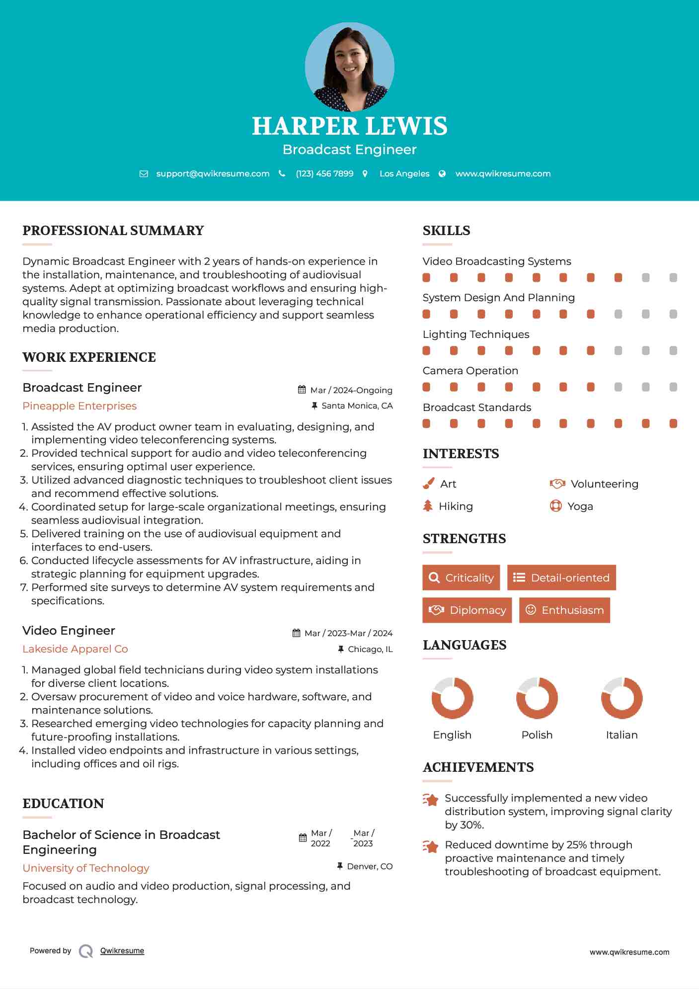 Broadcast Engineer Resume Sample