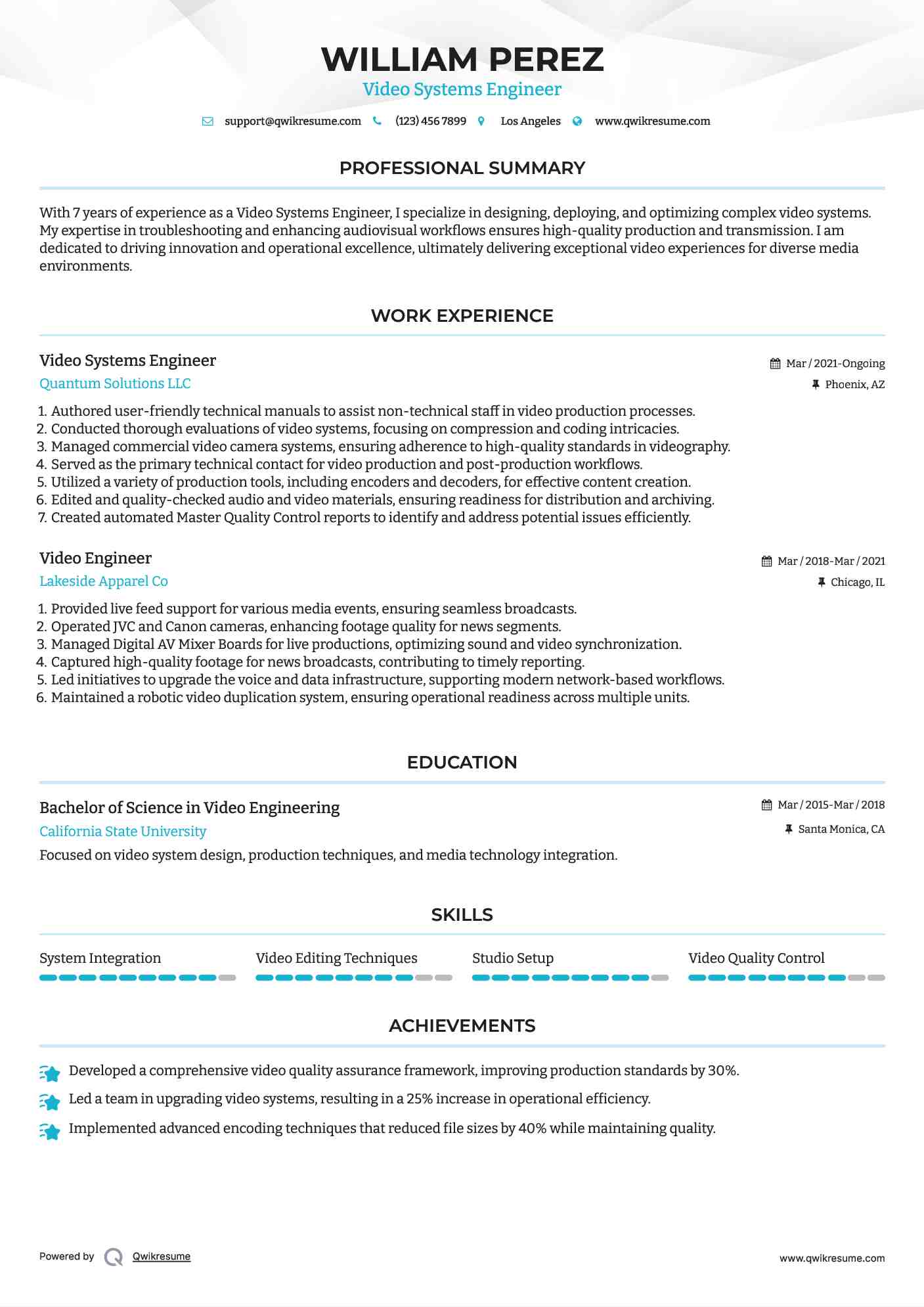 Video Systems Engineer Resume Template