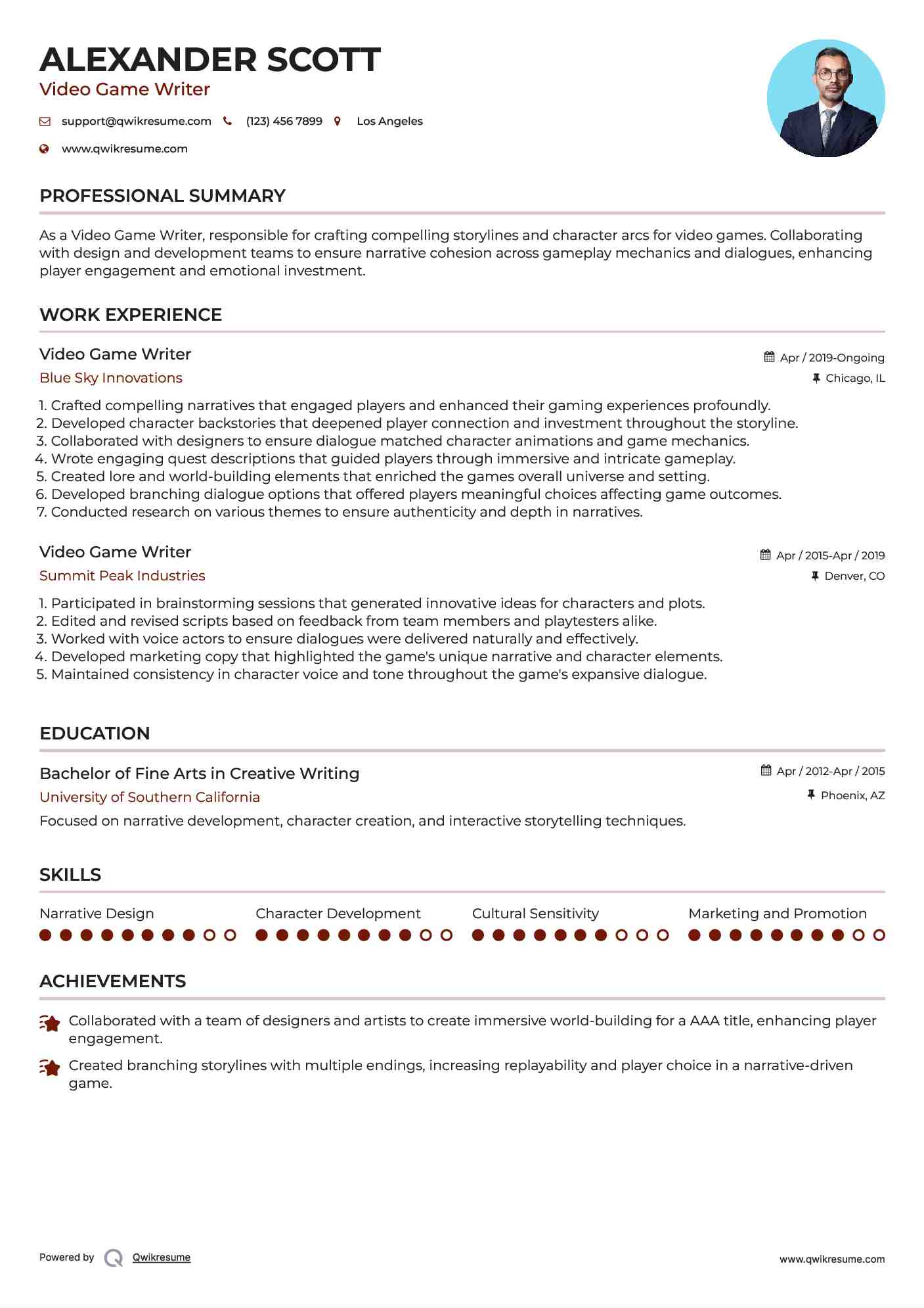 Video Game Writer Resume Template