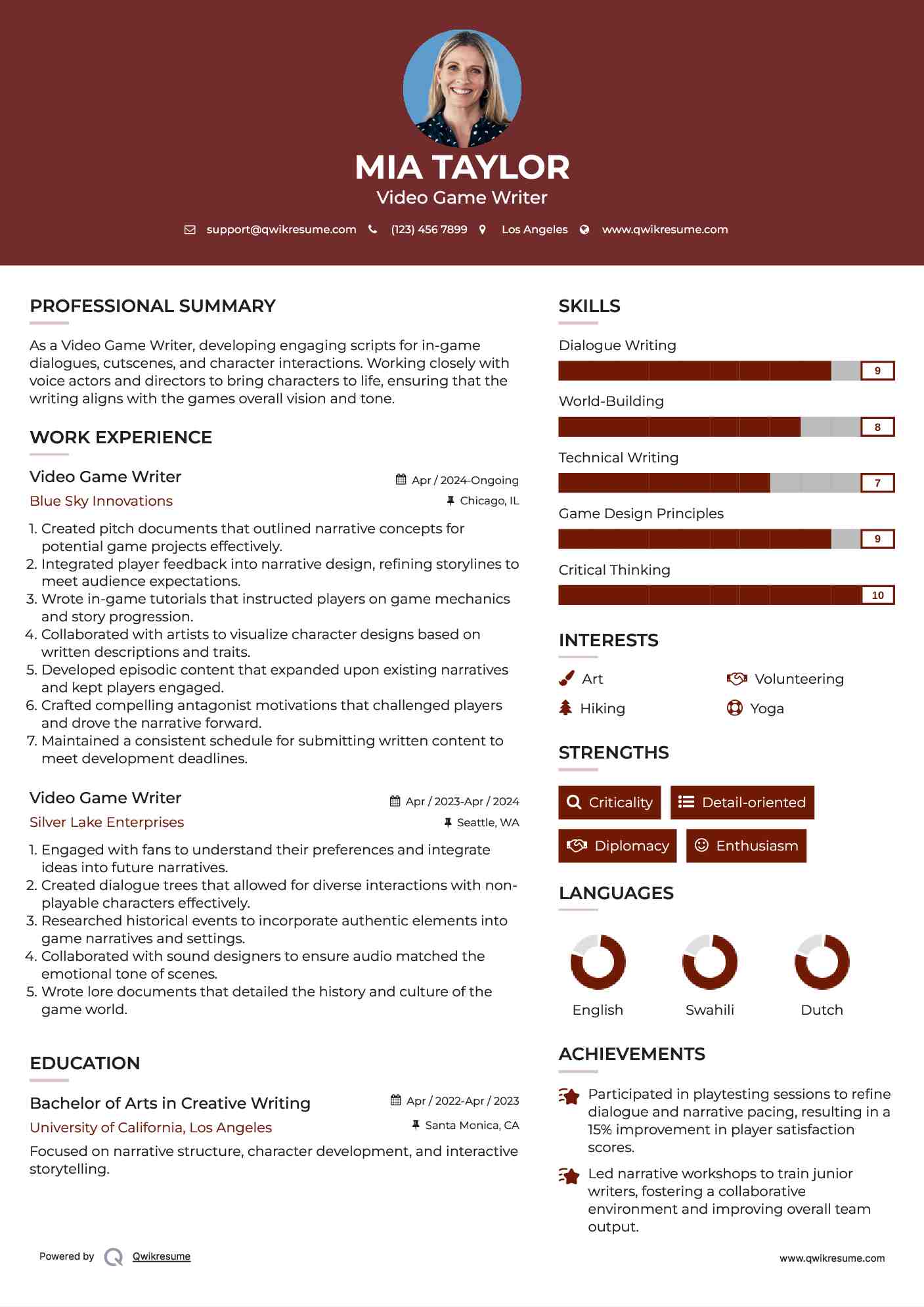 Video Game Writer Resume Sample