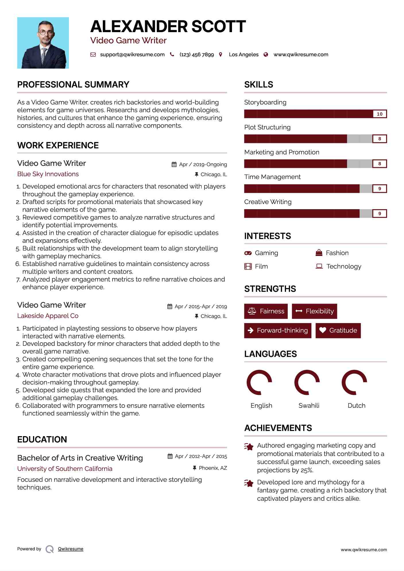 Video Game Writer Resume Format