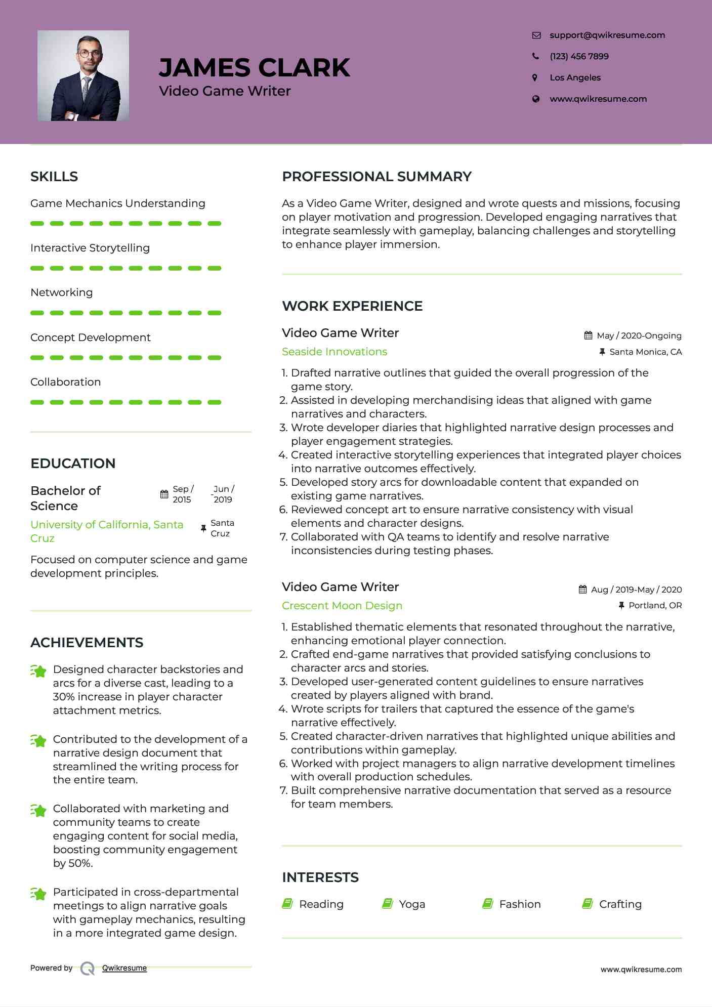 Video Game Writer Resume Model