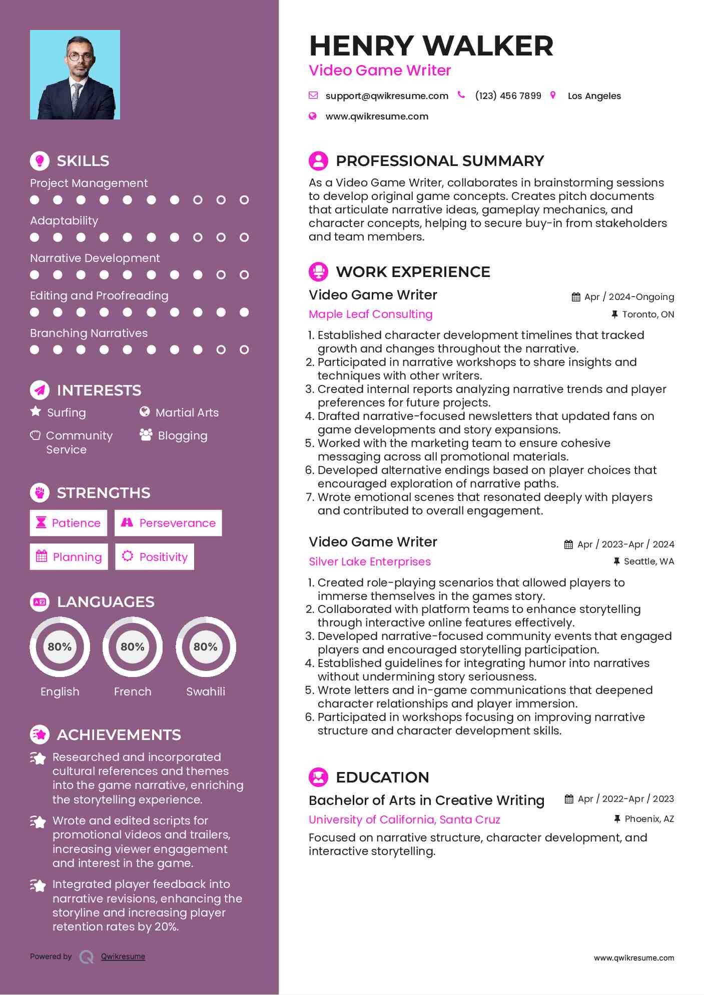 Video Game Writer Resume Model