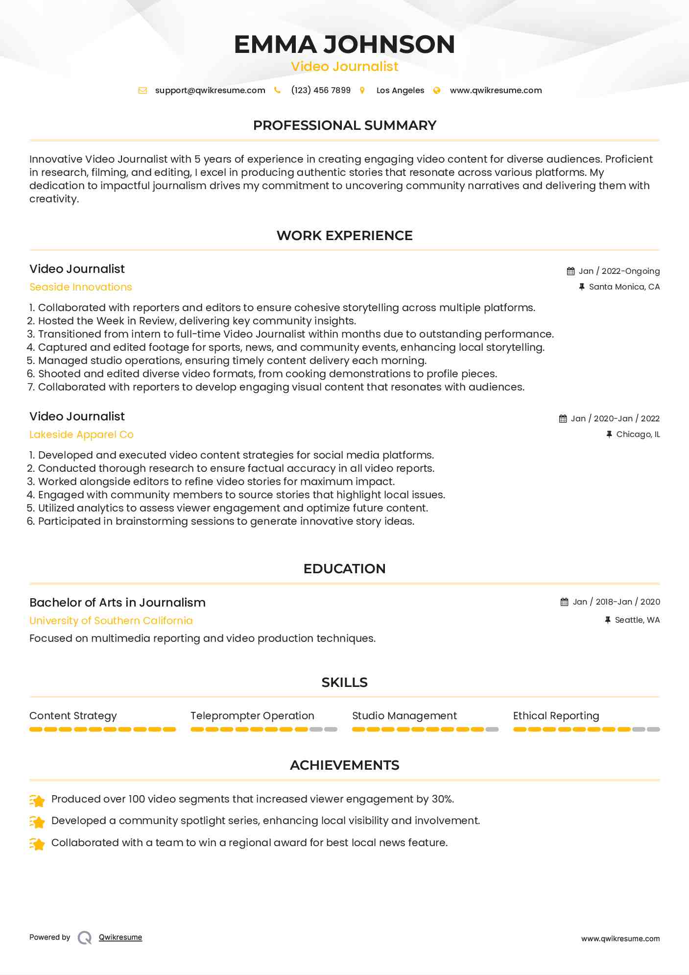 Video Journalist Resume Template