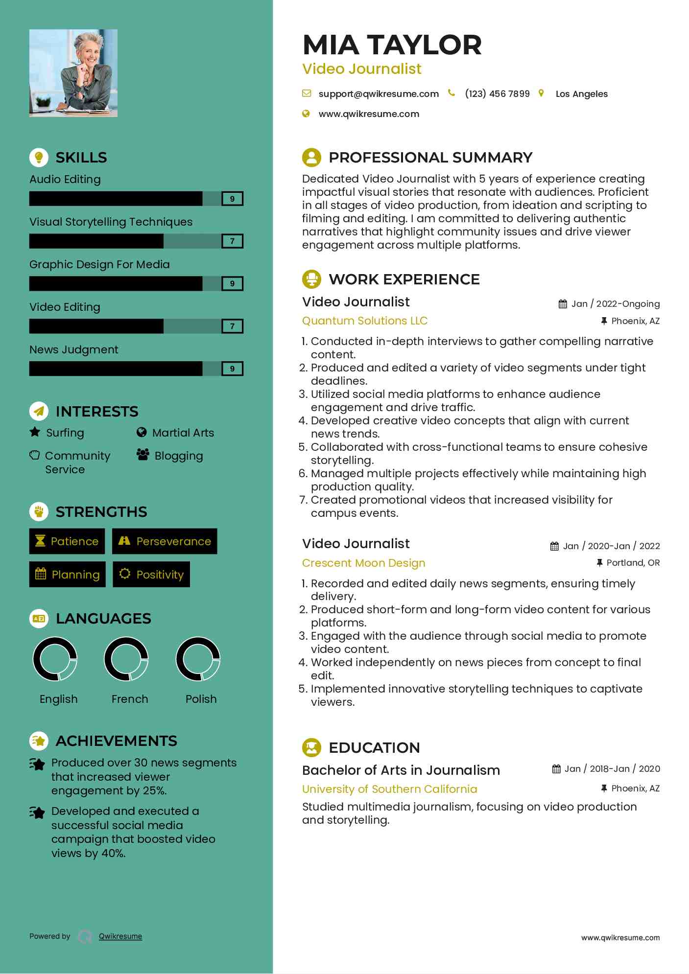 Video Journalist Resume Sample