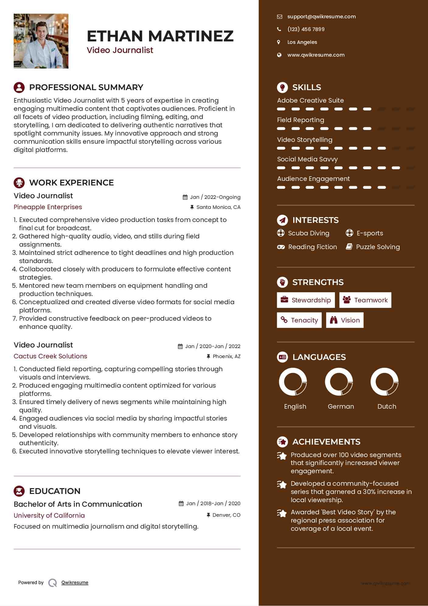 Video Journalist Resume Example