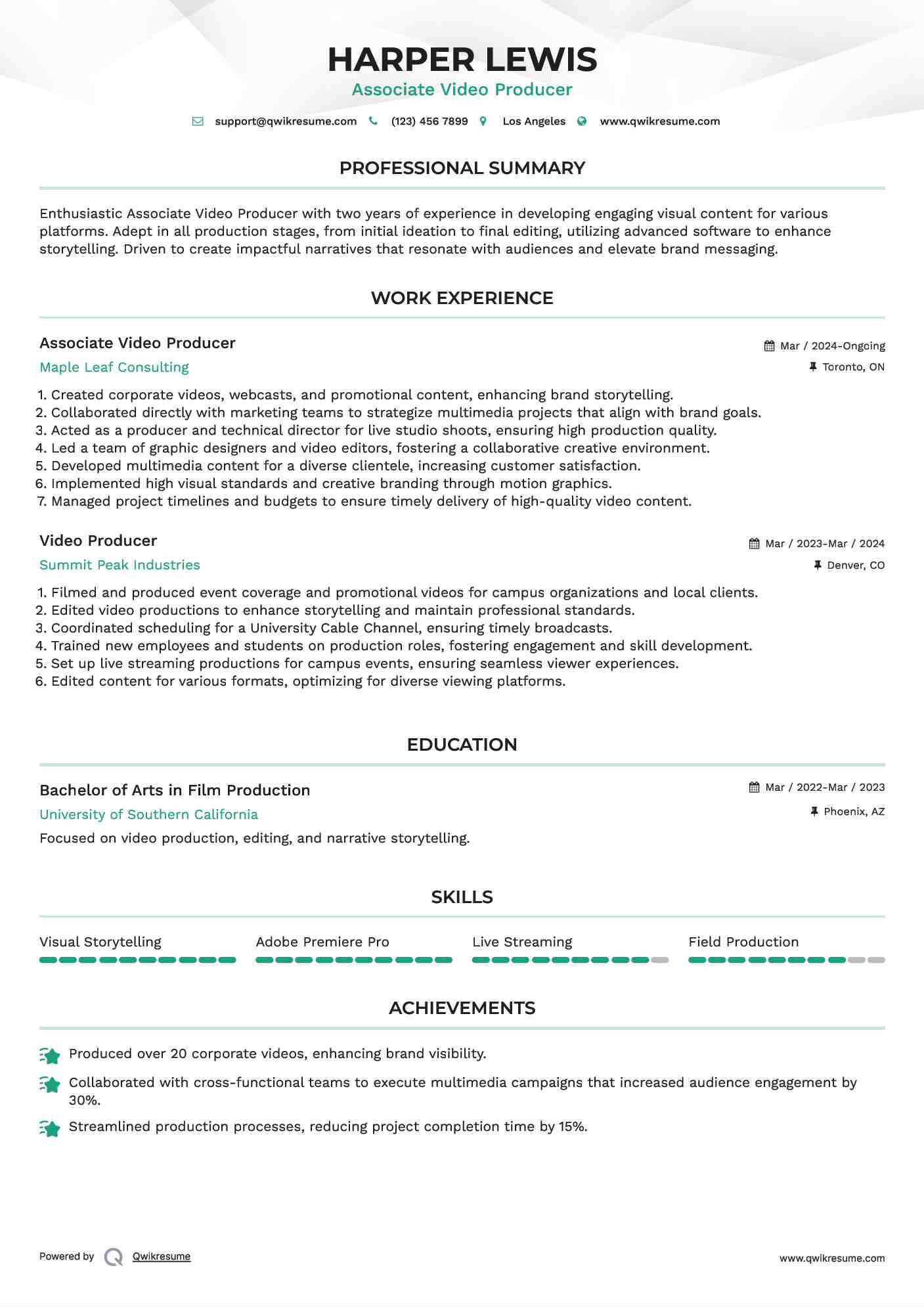 Associate Video Producer
 Resume Model