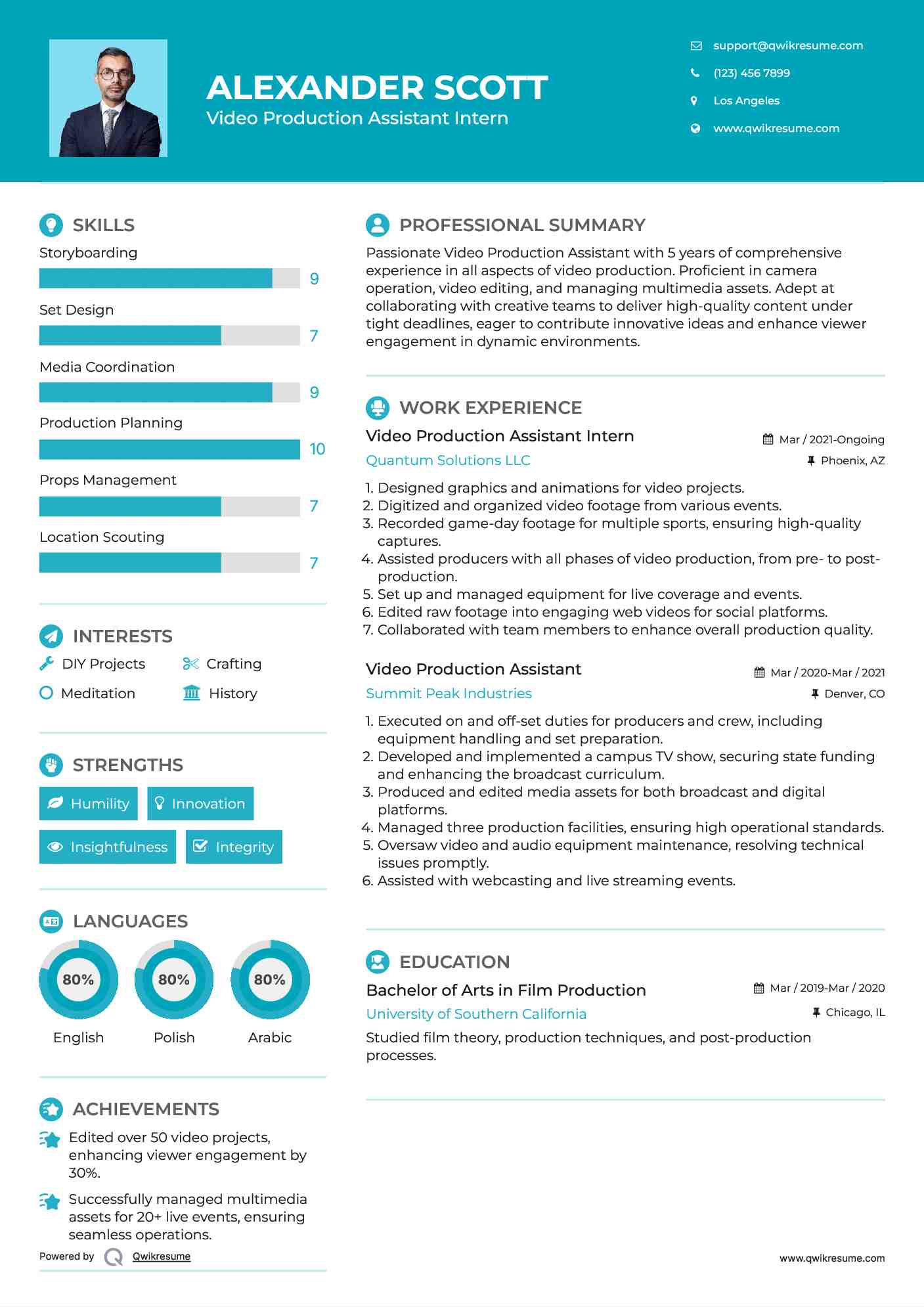 Video Production Assistant Intern Resume Sample
