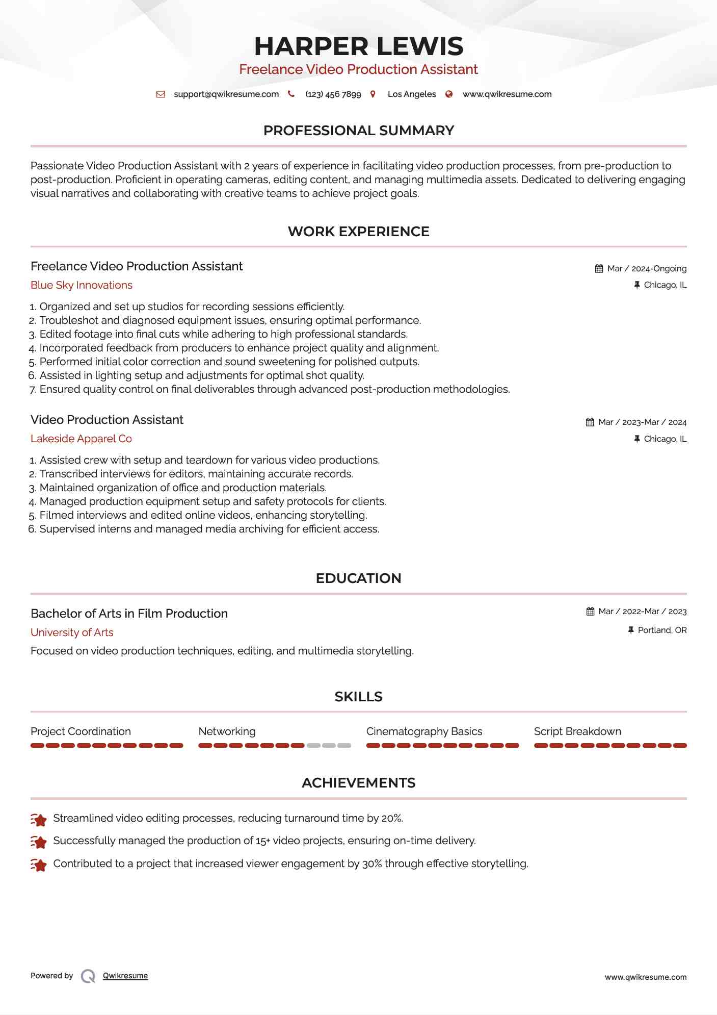 Freelance Video Production Assistant Resume Format