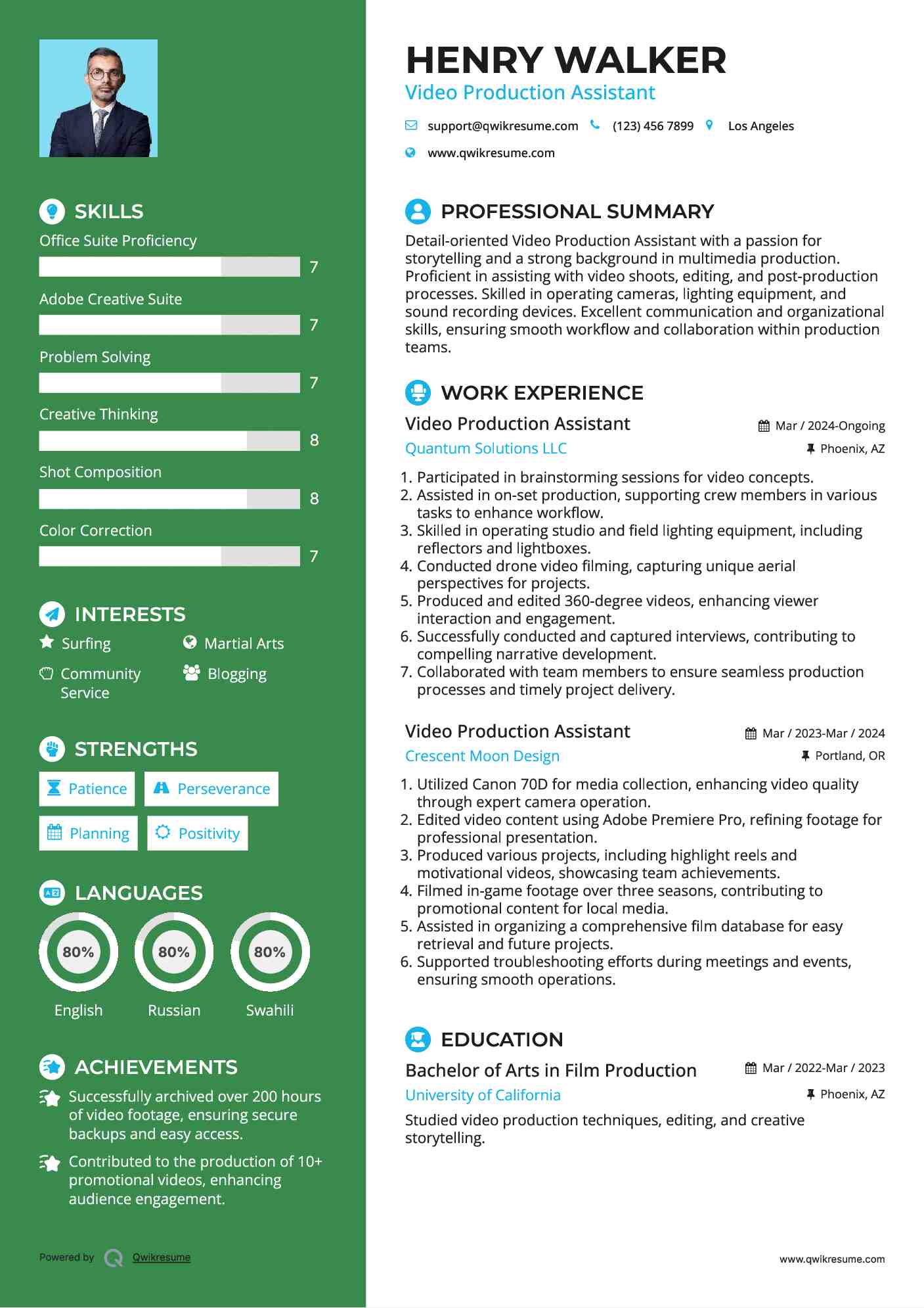 Video Production Assistant Resume Sample