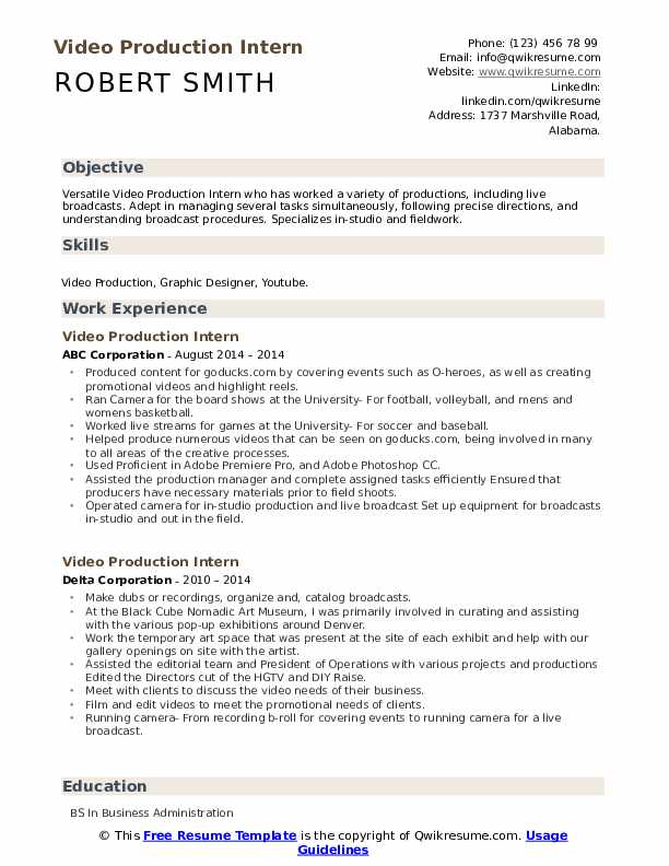 Video Production Intern Resume Samples QwikResume