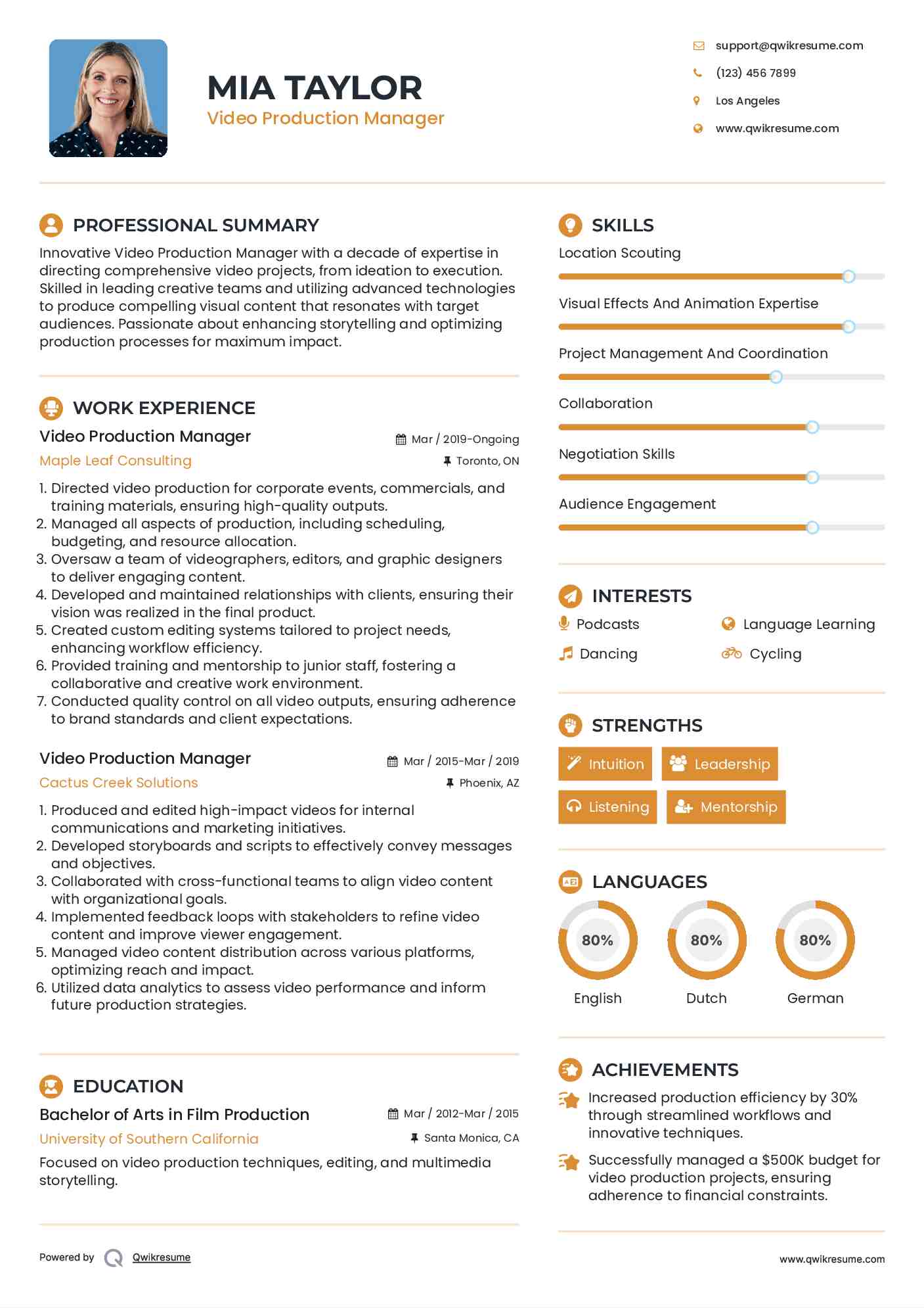 Video Production Manager Resume Sample