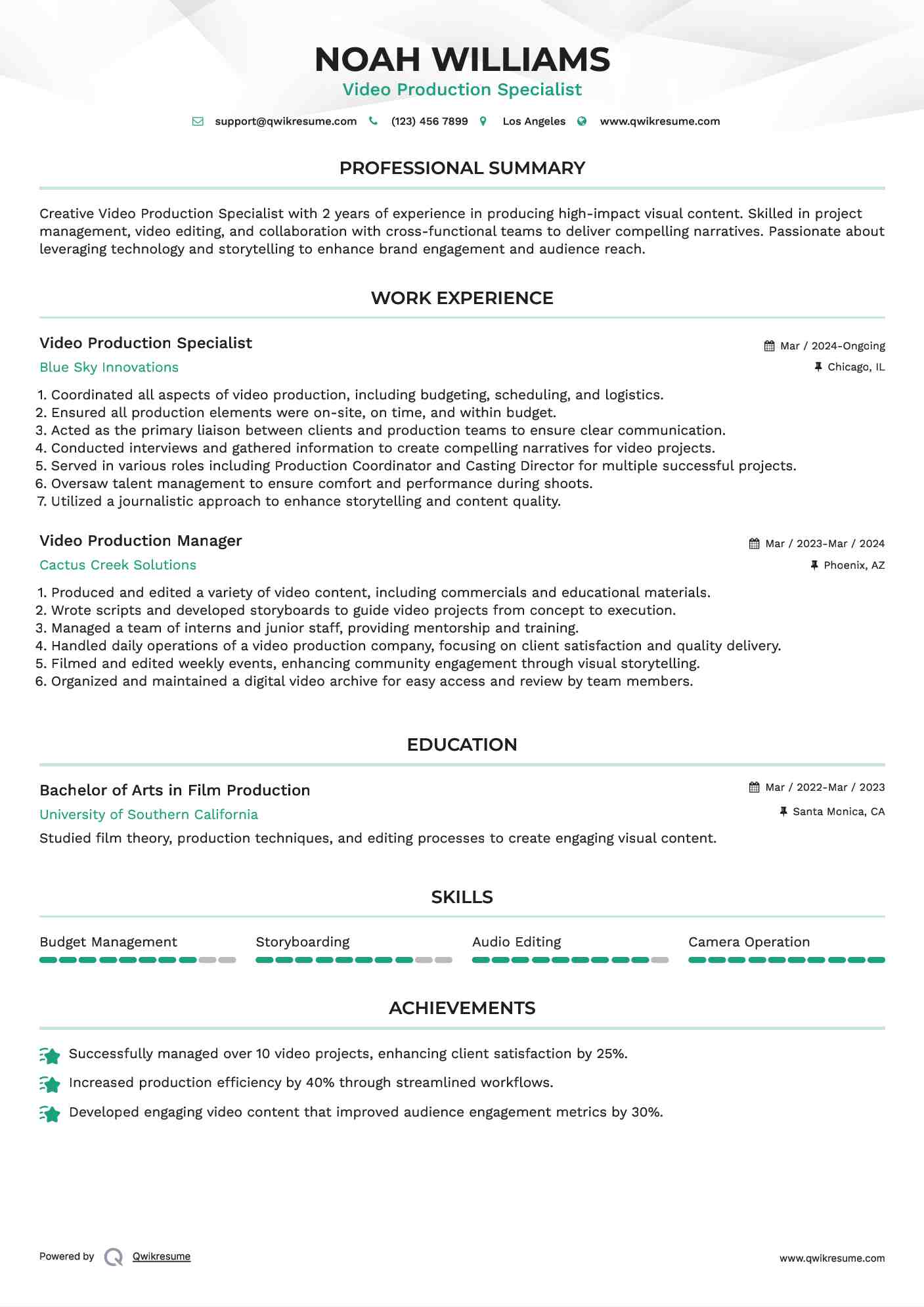 Video Production Specialist Resume Sample