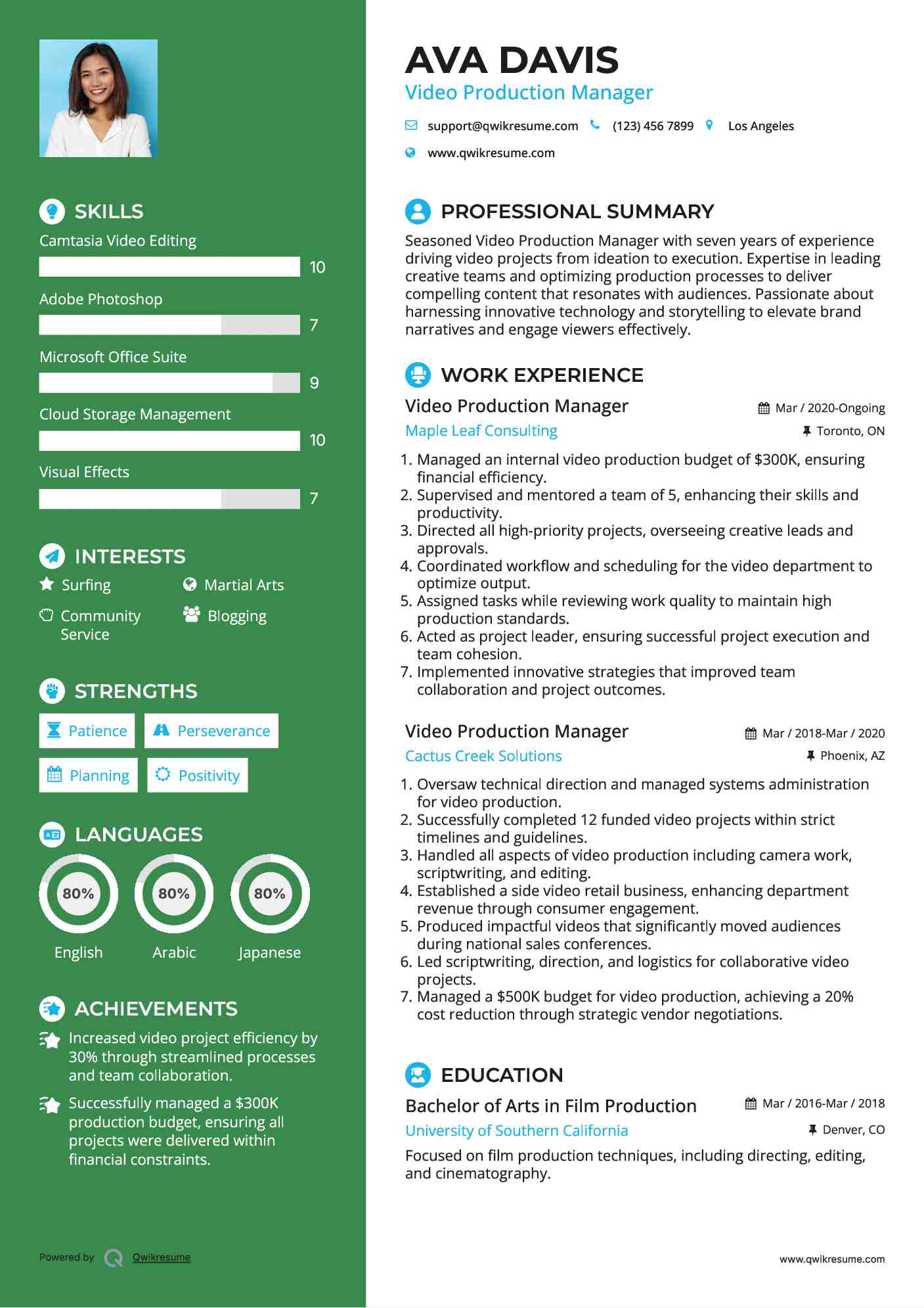 Video Production Manager Resume Example