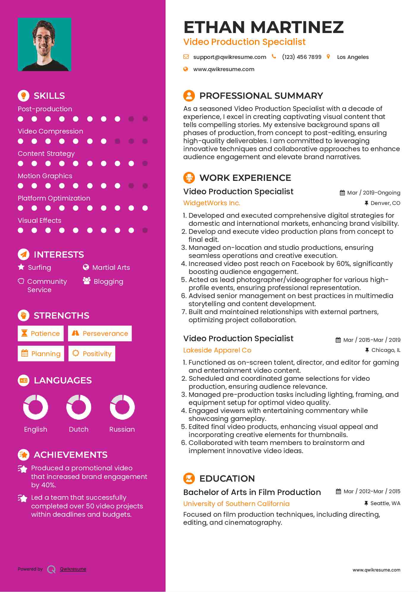 Video Production Specialist Resume Model